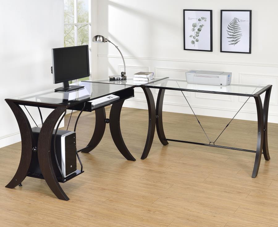 Monterey - Glass Top L-Shape Computer Desk - Cappuccino CoasterEssence