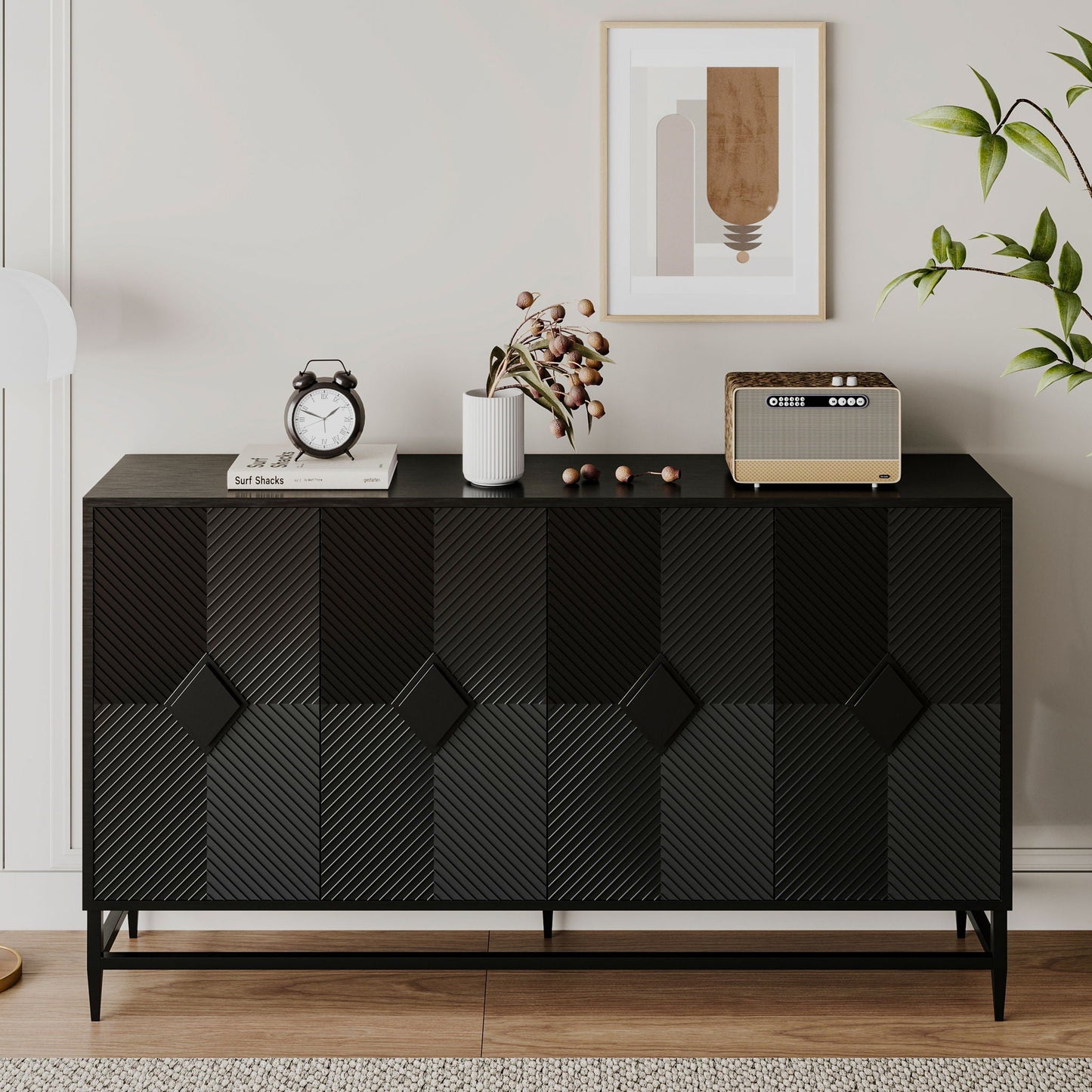Accent Lacquered 4 Door Wooden Cabinet Sideboard Buffet Server Cabinet Storage Cabinet, For Living Room, Entryway, Hallway, Office, Kitchen And Dining Room - Matte Black Home Essentials