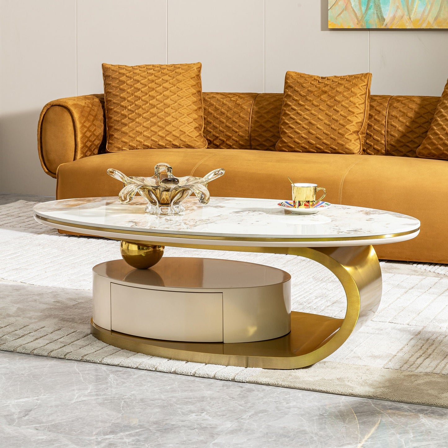 Modern Coffee Table Thick Sintered Stone Top With 2 Drawers Matt Stainless Steel Base - Gold Home Essentials
