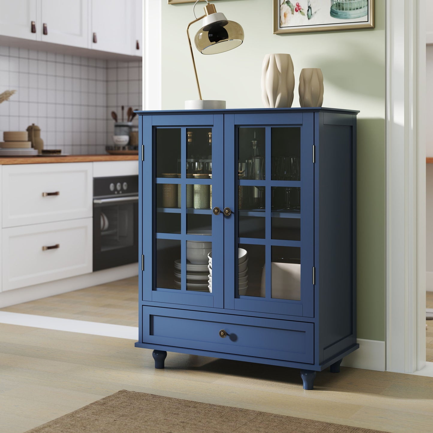 Minimalist Buffet Cabinet With Double Glass Doors And Drawer Home Essentials