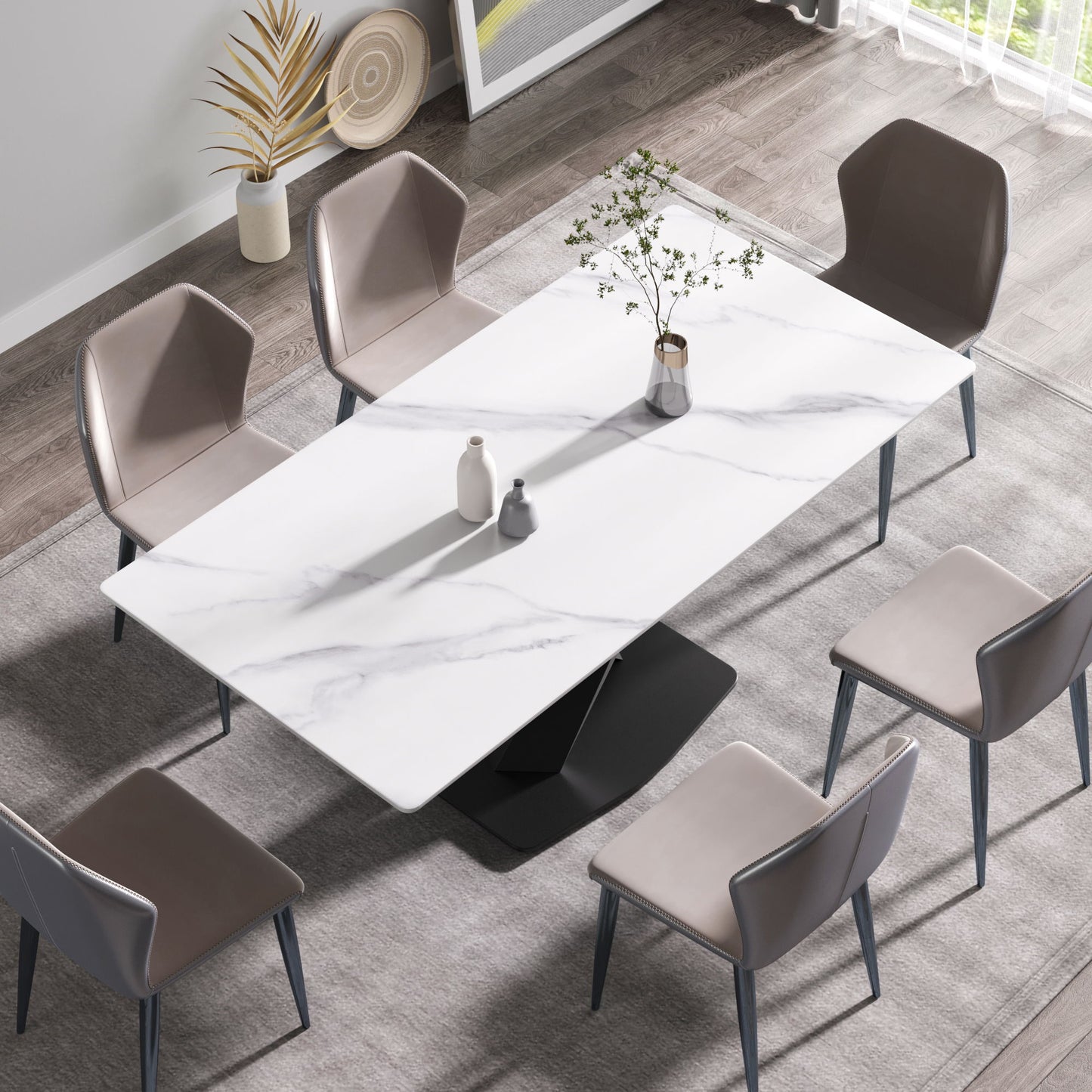 Modern Artificial Stone Straight Edge Metal X Leg Dining Table, 6 People Home Essentials