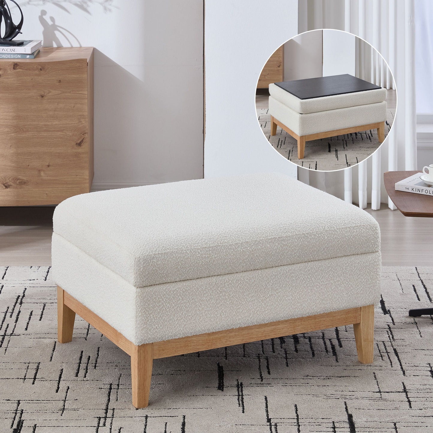 Upholstered Storage Ottoman With Reversible Lid Coffee Table, Foot Stool Home Essentials