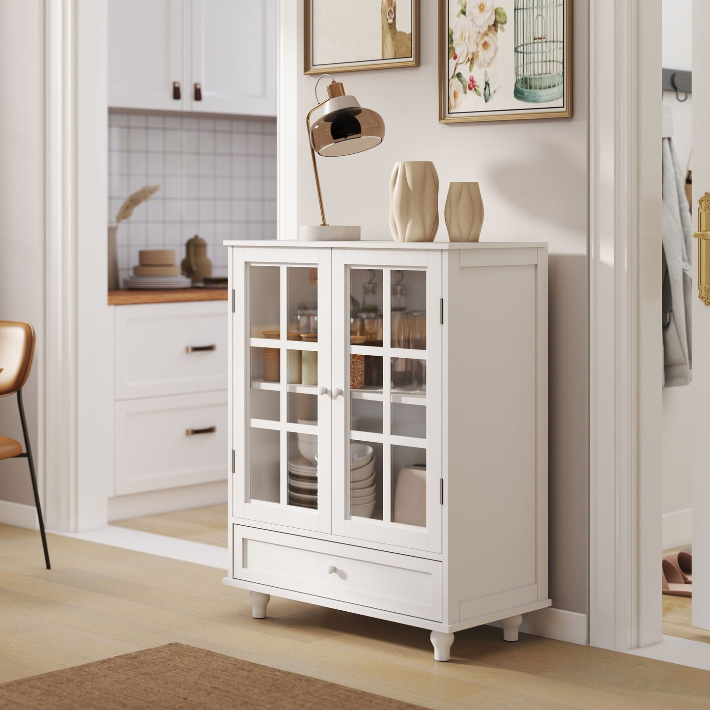Minimalist Buffet Cabinet With Double Glass Doors And Drawer Home Essentials
