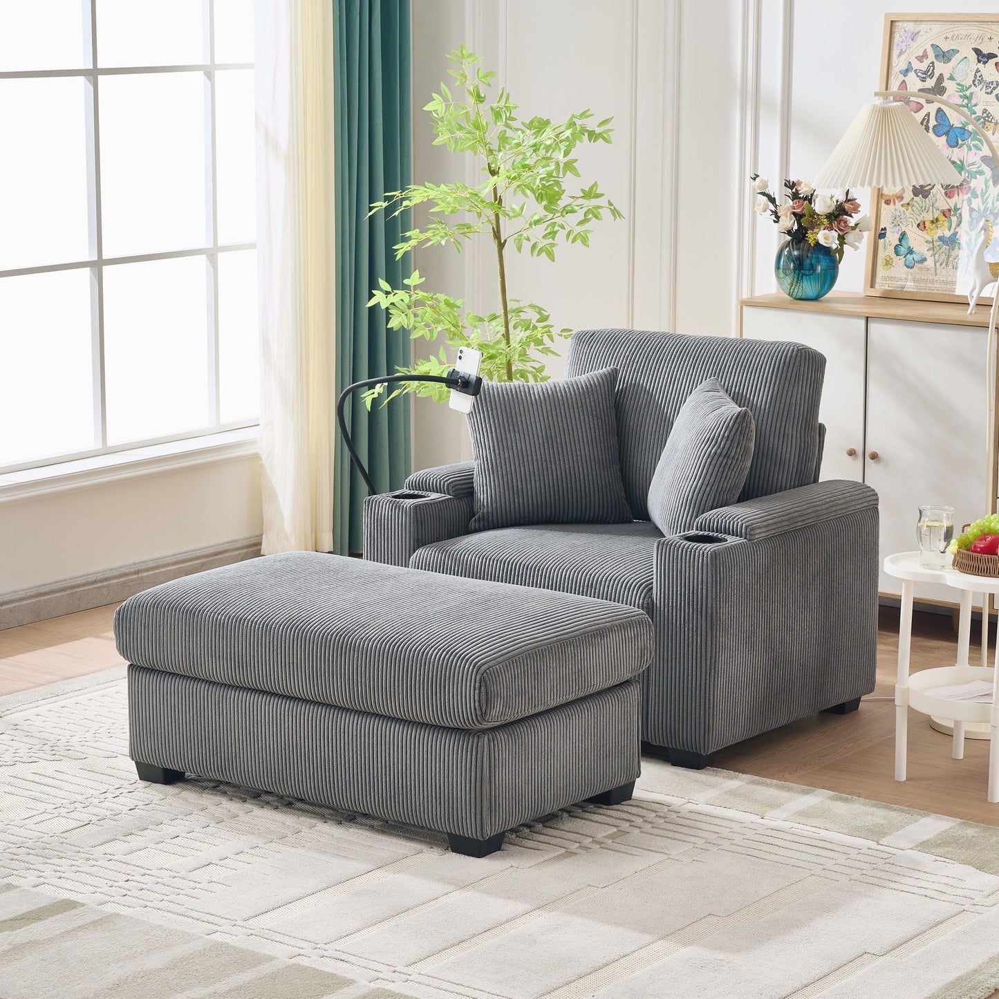 Comfy Corduroy Oversized Chaise Lounge Chair With Ottoman And Storage Home Essentials