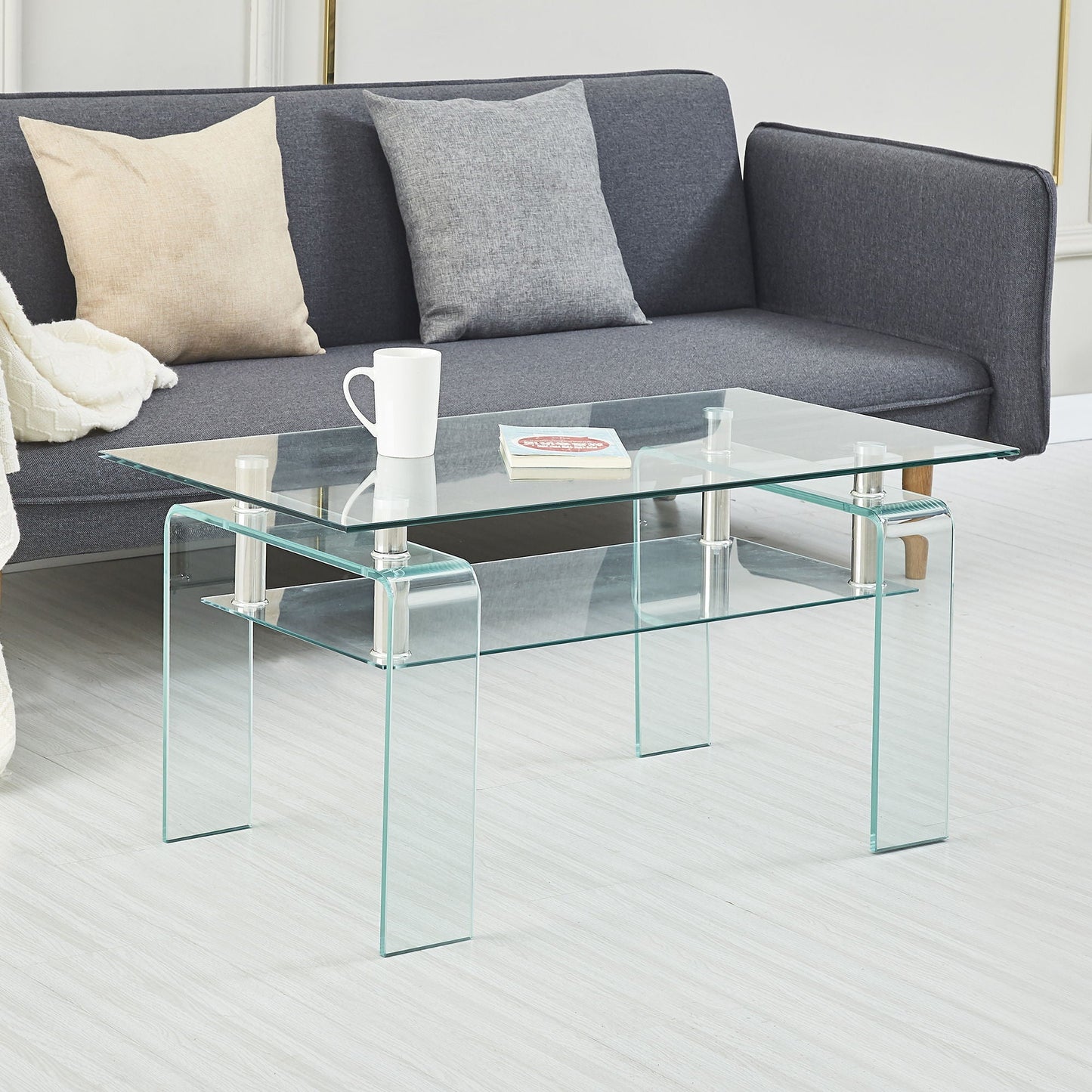 Modern Tempered Glass Coffee Table With 2 Tier Storage For Living Room Home Essentials