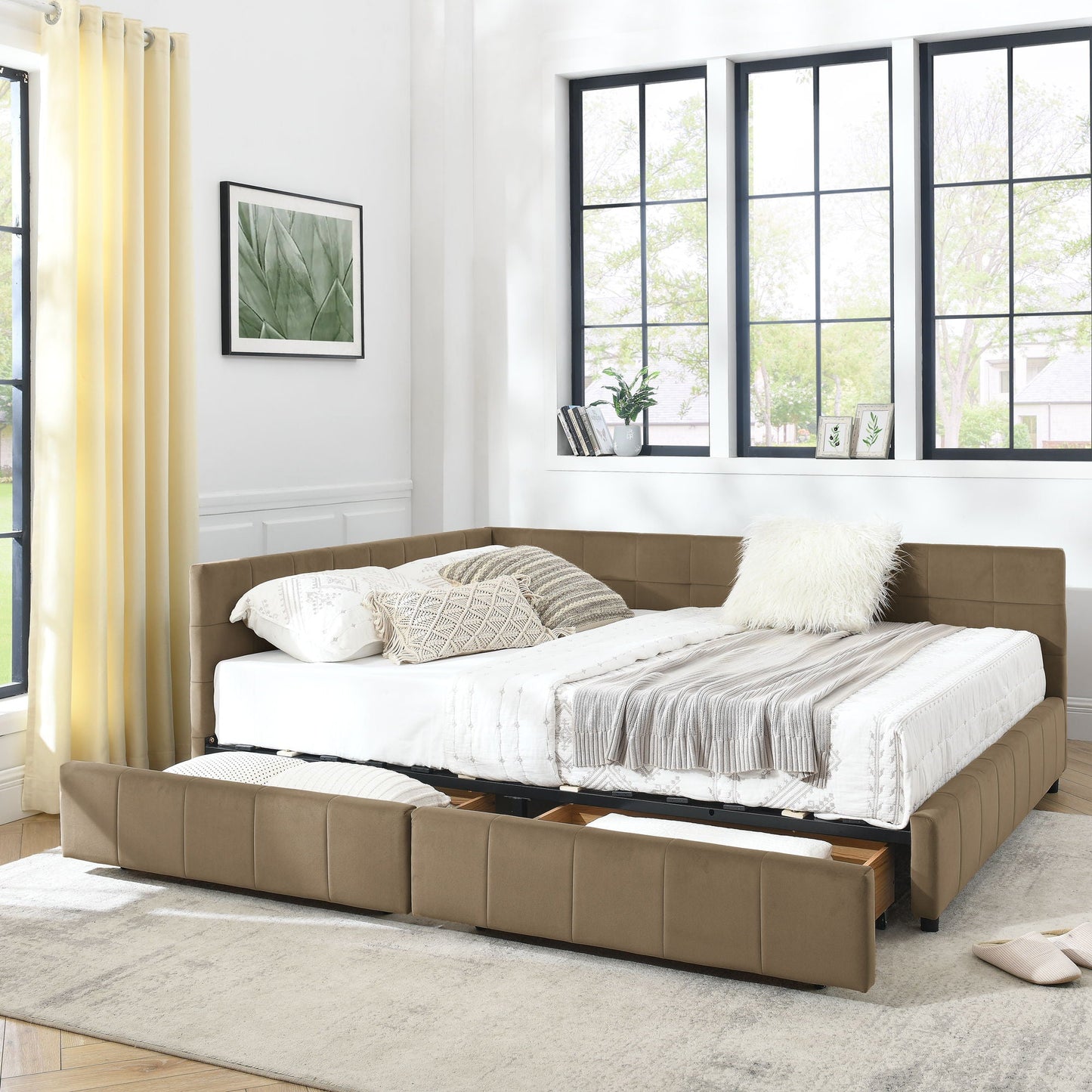 Mid-Century Storage Upholstered Tufted Bed Frame With Backrest And Armrests Home Essentials