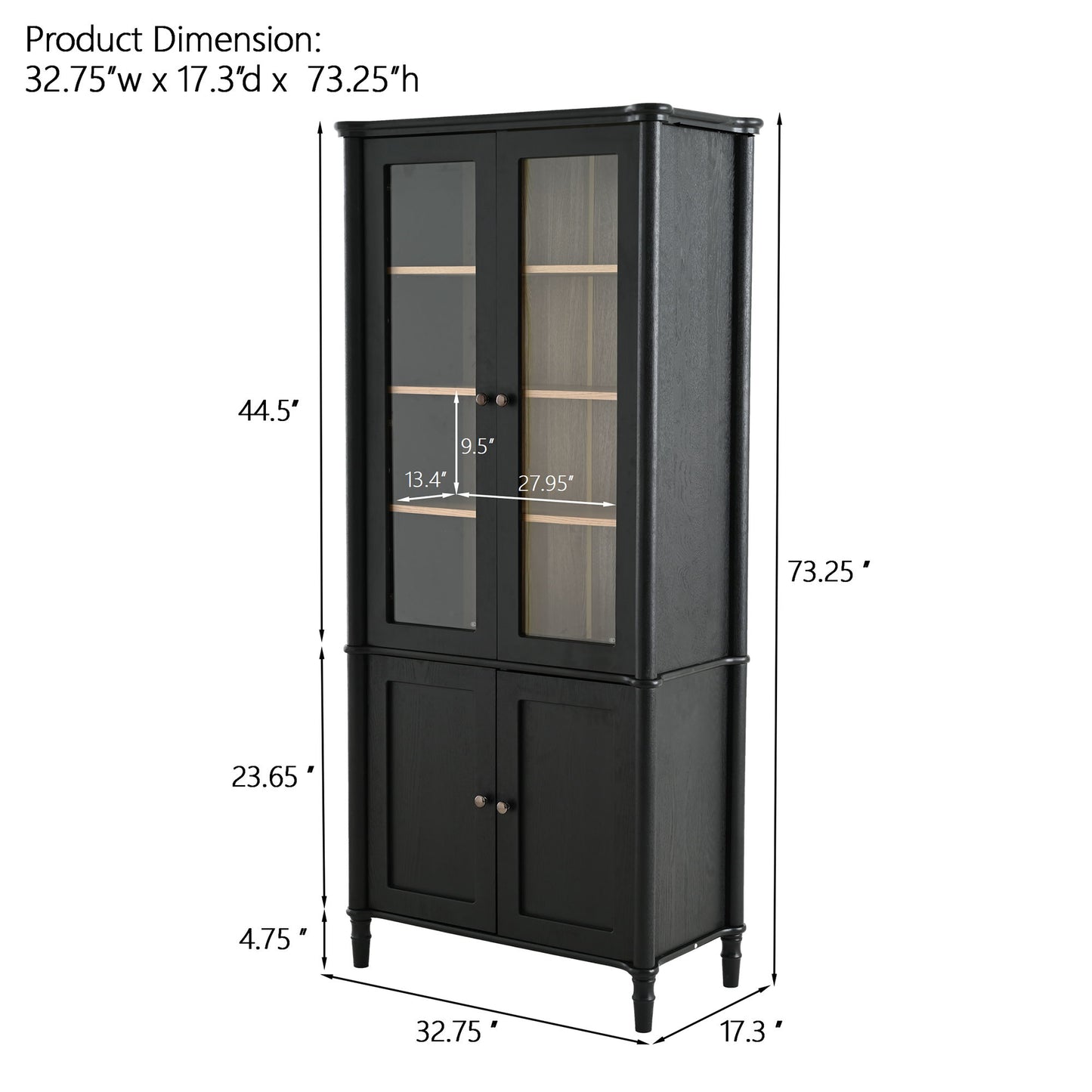 Vintage Display Cabinet With Double Glass Doors, Traditional Style For Collectibles, Ash Wood Veneer, 73.25" Tall - Black / Natural Hearth and Haven