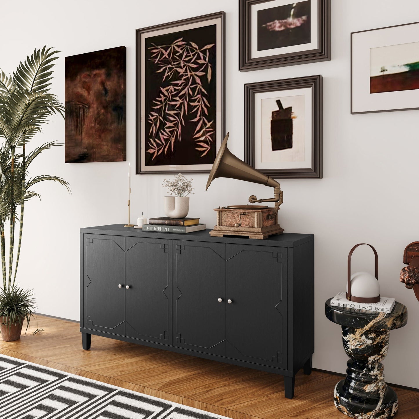 Accent Cabinet 4 Door Wooden Cabinet Sideboard Buffet Server Cabinet Storage Cabinet, For Living Room, Entryway, Hallway, Office, Kitchen And Dining Room - Matte Black Home Essentials