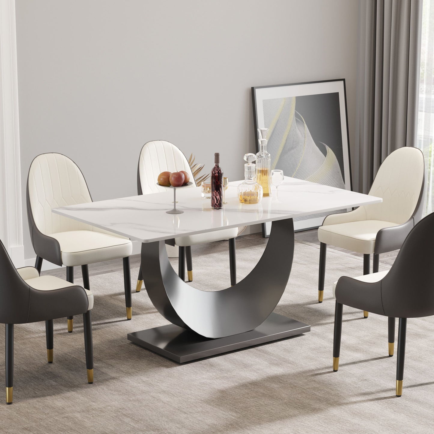 63" Modern Artificial Stone Crescent-Shaped Metal Legs, Can Accommodate 6-8 People - White / Black Home Essentials