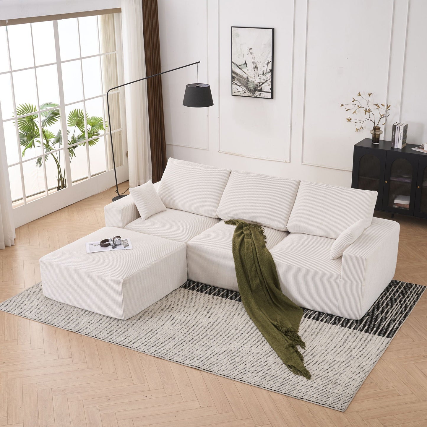 Modular Sectional Sofa With Ottoman, USB And Type C Charger, Petal Armrest Design - Snoozhouse