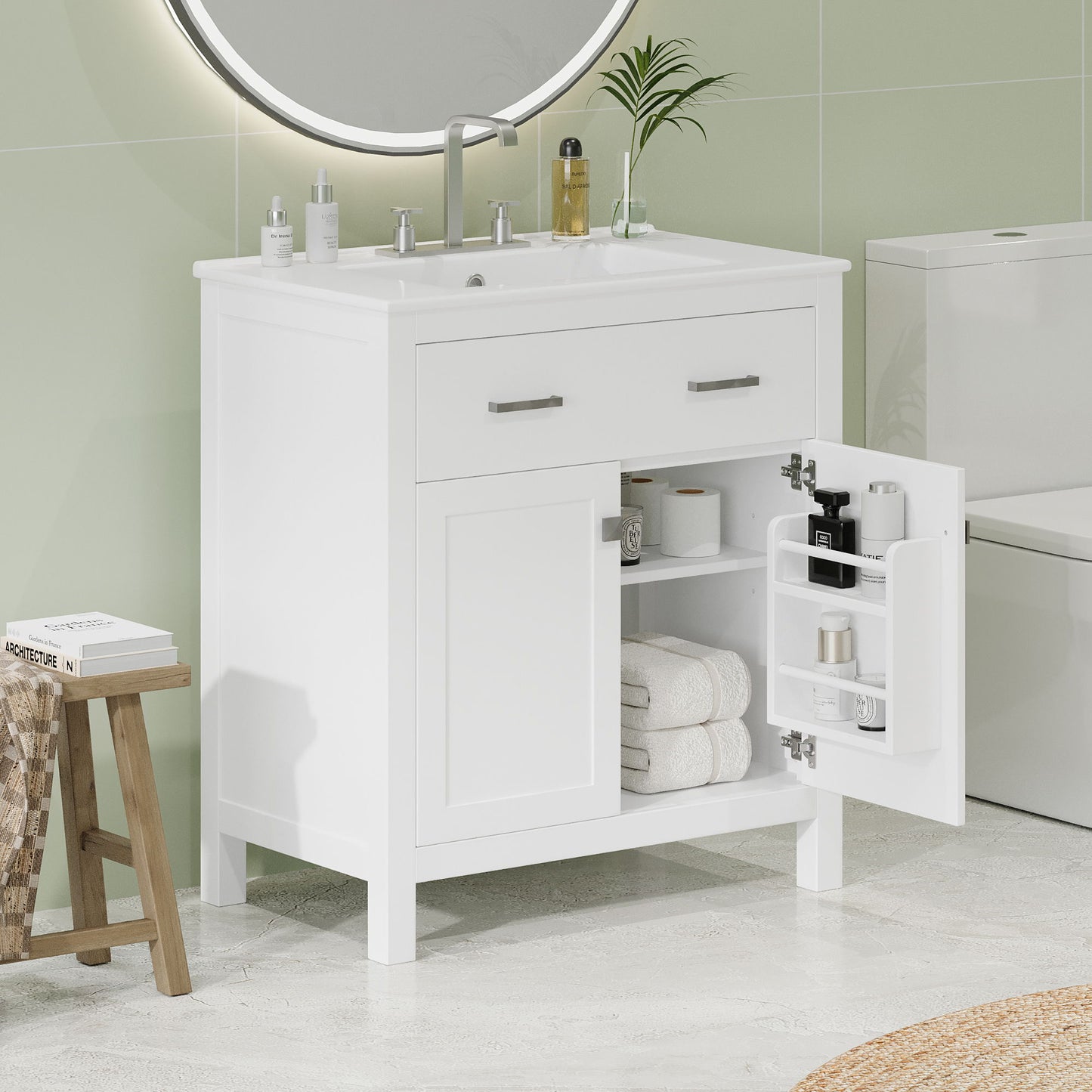 Bathroom Vanity With Ceramic Sink, Modern Single Bathroom Cabinet With 2 Doors And A Shelf, Soft Close Doors Hearth and Haven