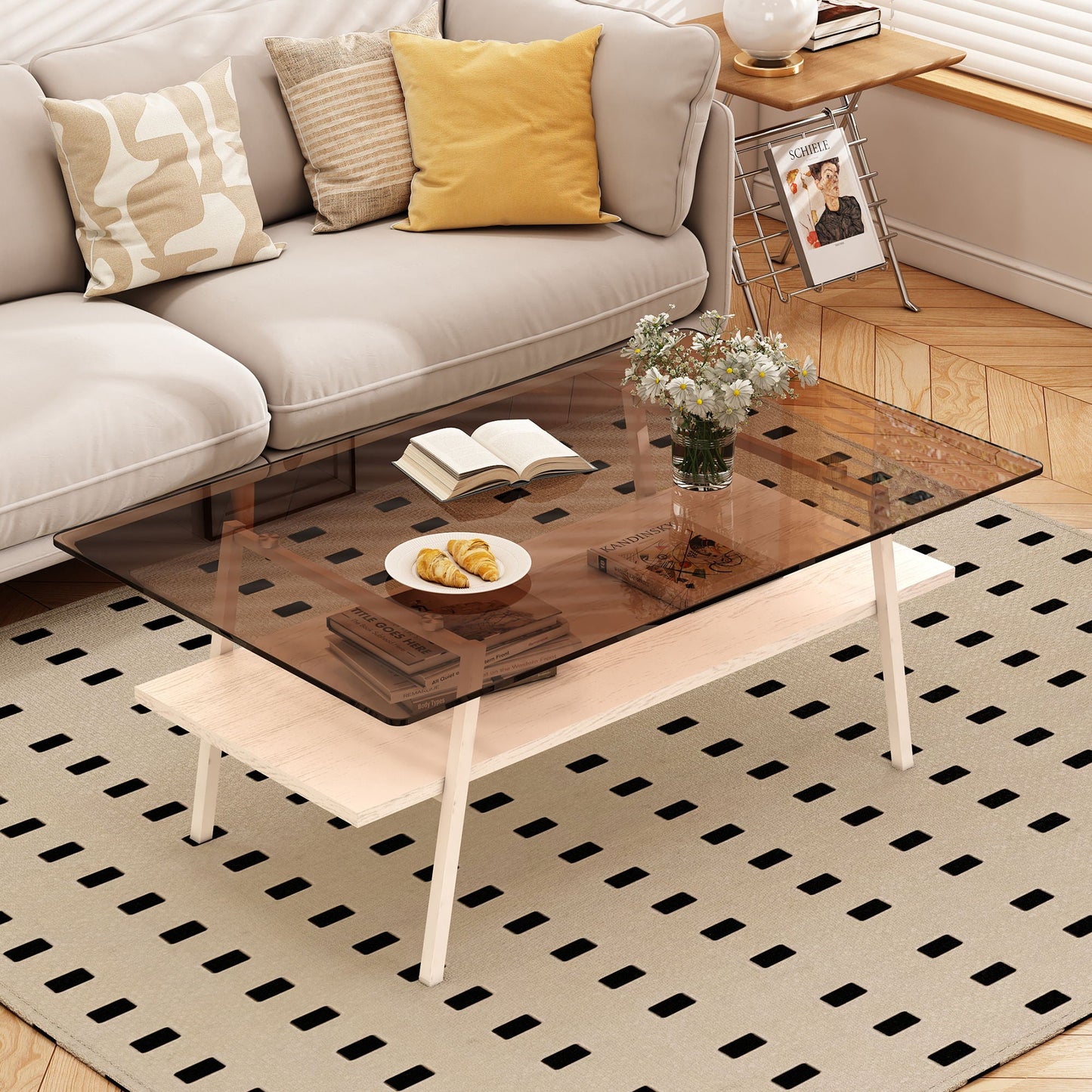 Rectangle Coffee Table, Tempered Glass Tabletop Modern Table For Living Room Home Essentials