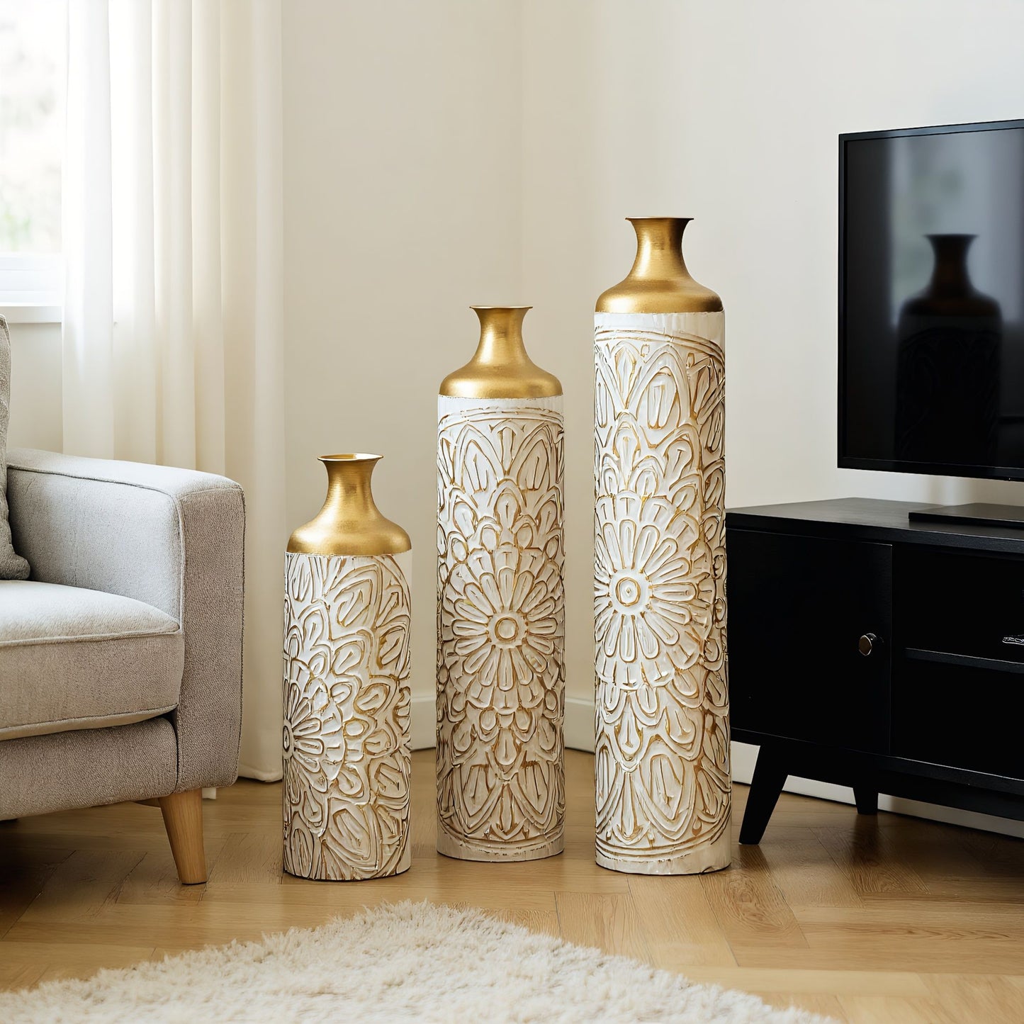 3 Piece Home Decoration Large Glazed Floor Vase Decoration Home Droplet Shaped - Gold / White Daily Nest