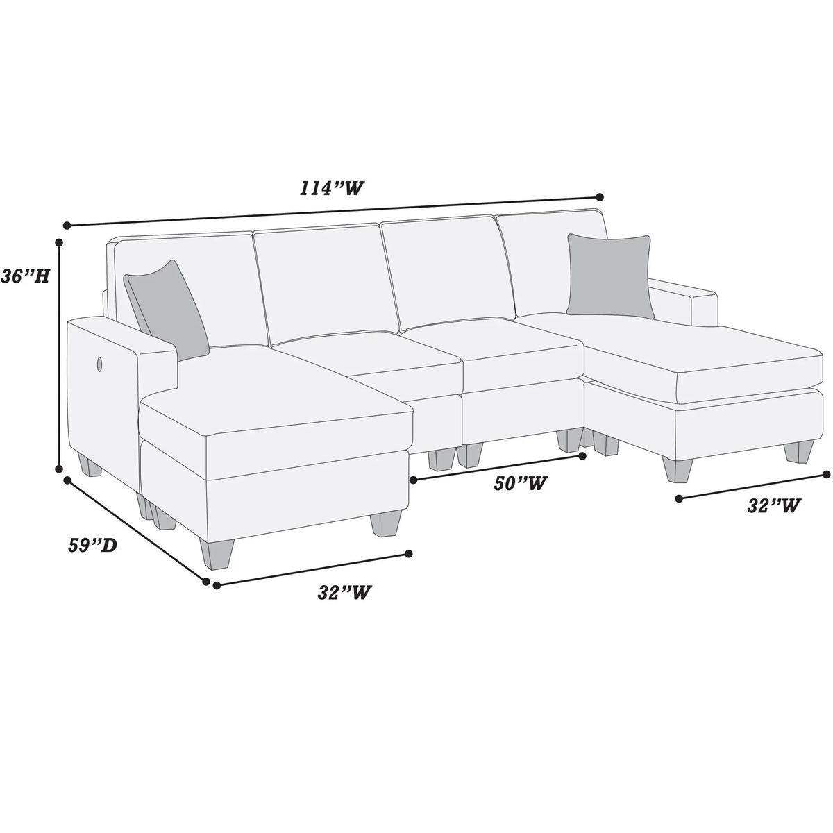 Sectional Set With USB Port Right Arm Chaise, Armless Loveseat, Left Arm Chaise, 3 Piece, Includes Matching Pillows - Dark Blue Home Essentials