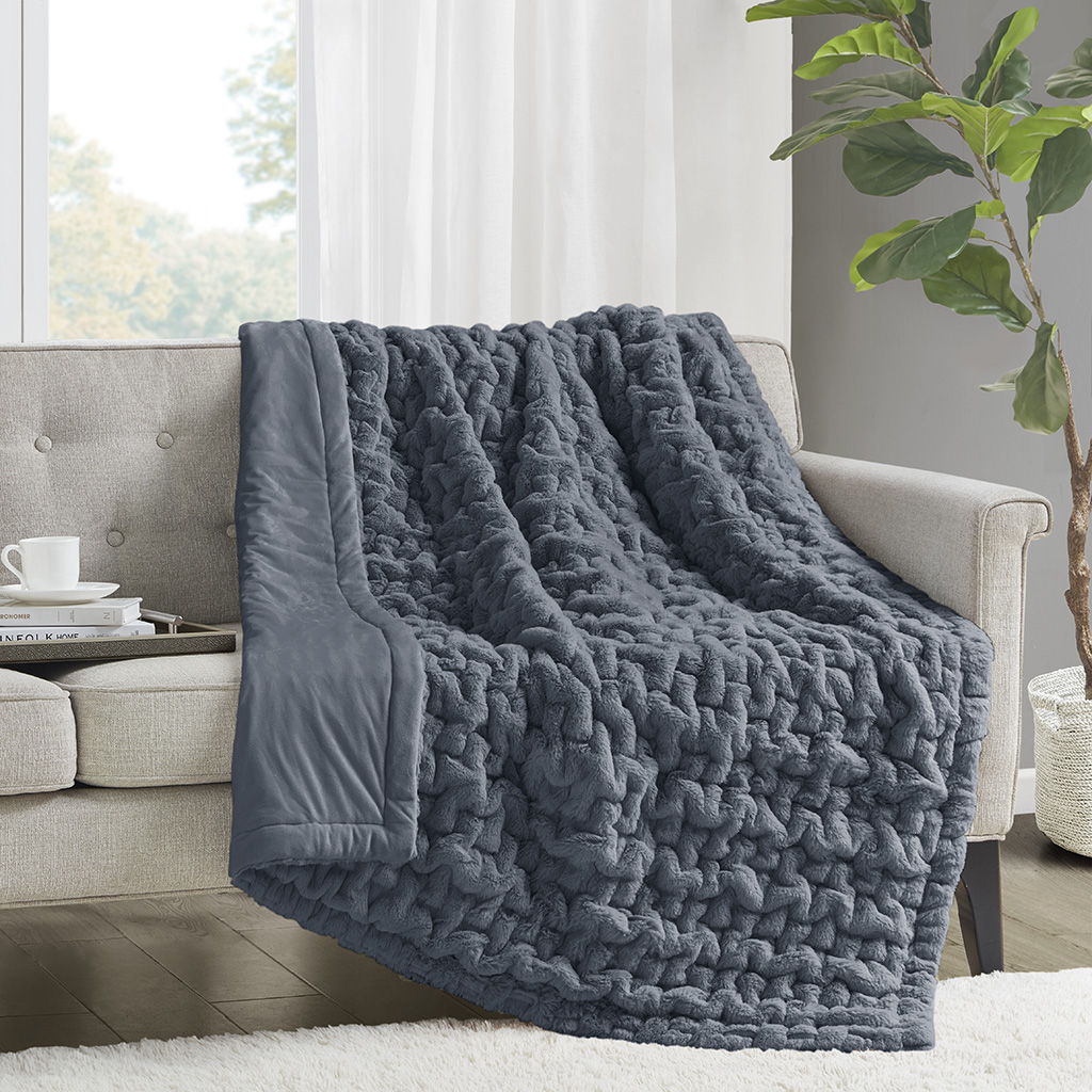 Ruched Fur - Throw - Slate Blue Madison Park