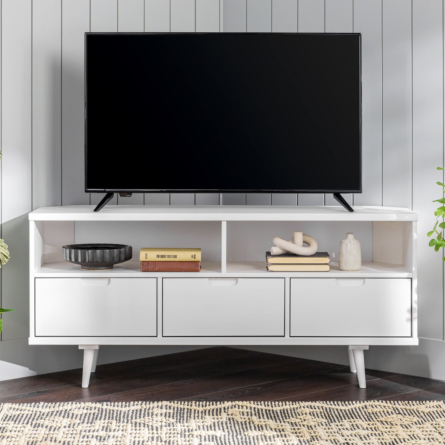 Mid-Century Modern Minimalist 3 Drawer Corner TV Stand For TVs Up To 58 Walker Edison