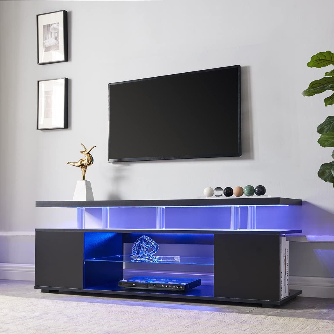 TV Stand LED Gaming Entertainment Center, Media Storage Console Table With Large Side Cabinet Home Essentials