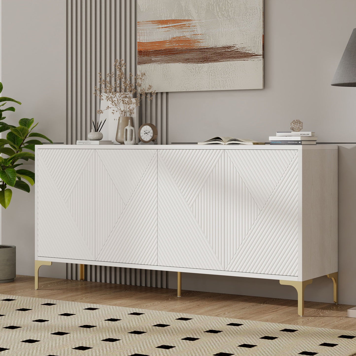 Modern Wood Sideboard Cabinet With Carved Door Panels, Adjustable Shelves, And Sturdy Metal Legs Home Essentials