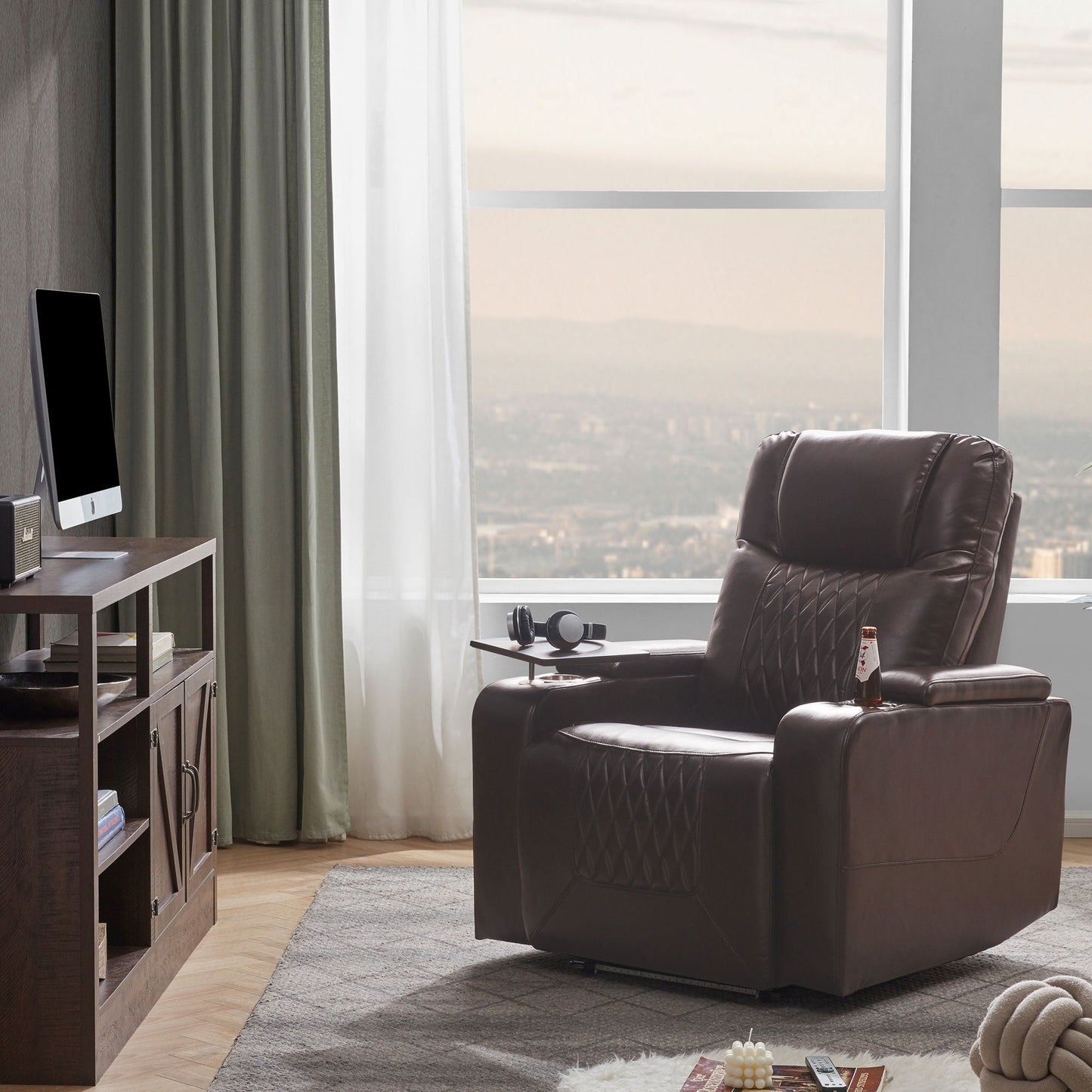 Power Motion Recliner With USB Charging Port And Hidden Arm Storage 2 Convenient Cup Holders Design And 360 Degree Swivel Tray Table Hearth and Haven