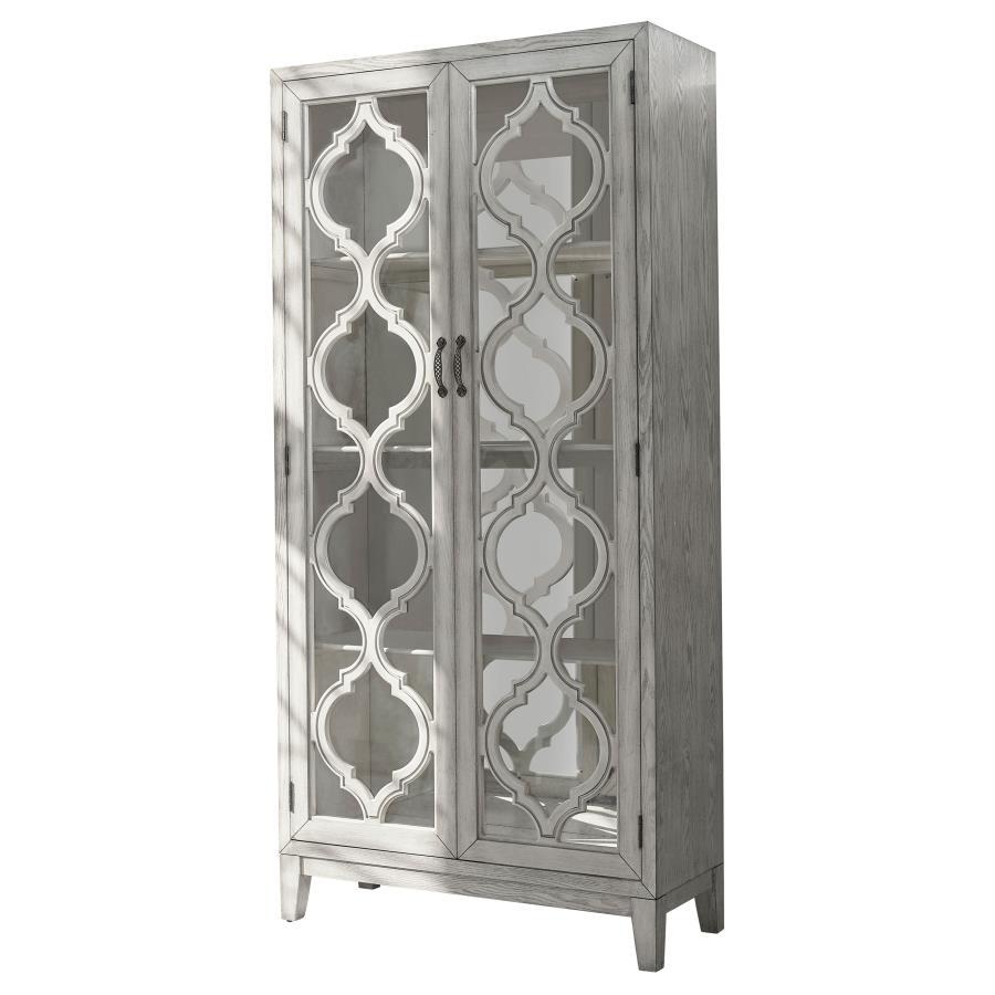 Mckellen - 2 Door Wood Trellis Tall Cabinet - Distressed White CoasterElevations