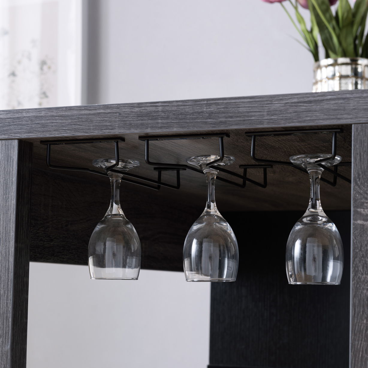 Home Bar Table With Wine Glass Compartment And Three Shelves - Distressed Gray / Black Home Essentials