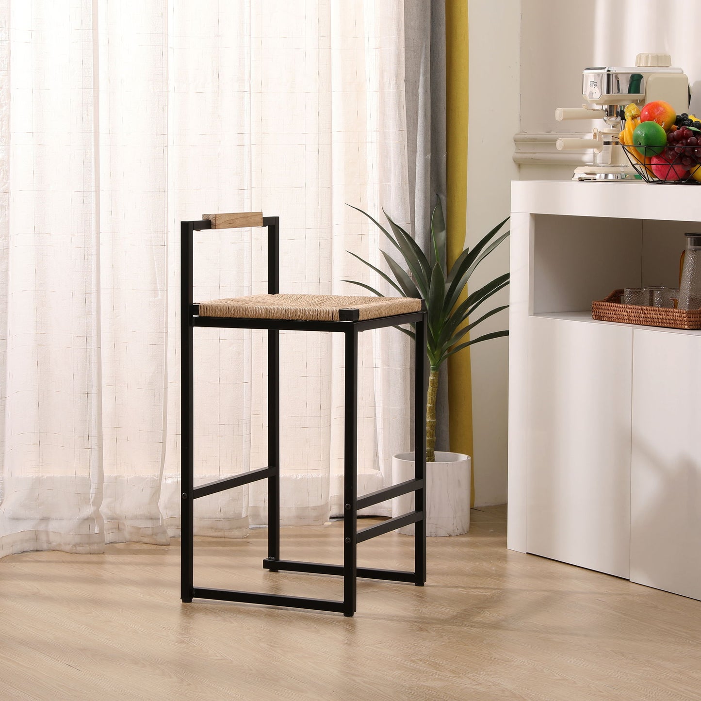 Stylish (Set of 2) Bar Stools With Backrest And Paper Rope Woven Seat, Counter Height Dining Chairs For Kitchen - Natural Home Essentials