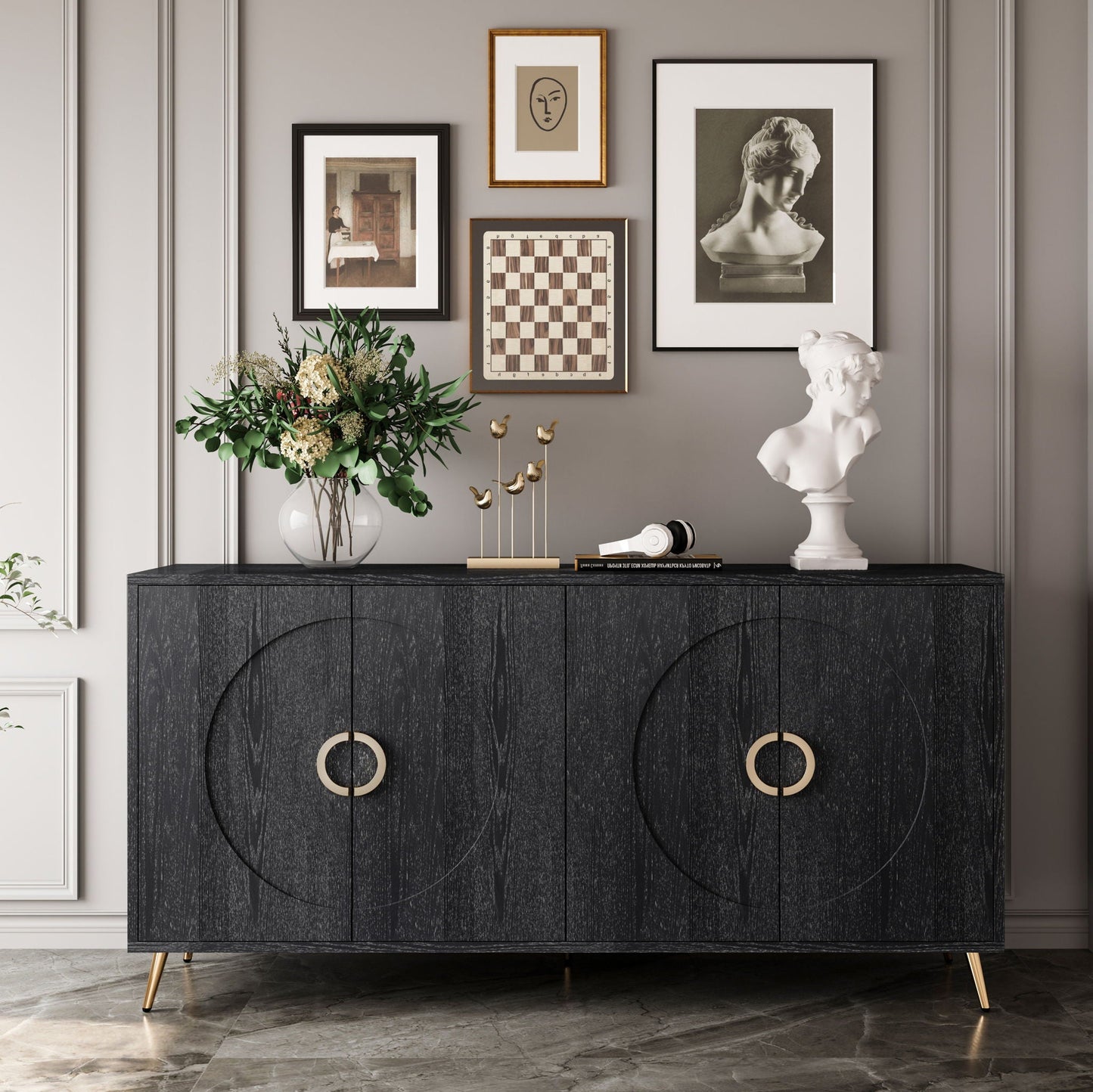 Modern Lacquered 4 Door Wooden Cabinet Sideboard Buffet Server Cabinet Storage Cabinet, For Living Room, Entryway, Hallway, Office, Kitchen And Dining Room Home Essentials