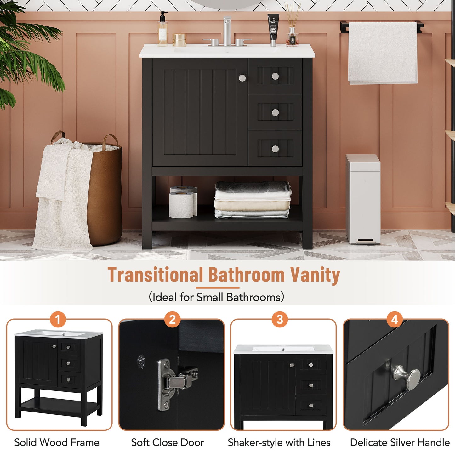Transitional Style Bathroom Vanity Cabinet Combo With Ceramic Sink Hearth and Haven