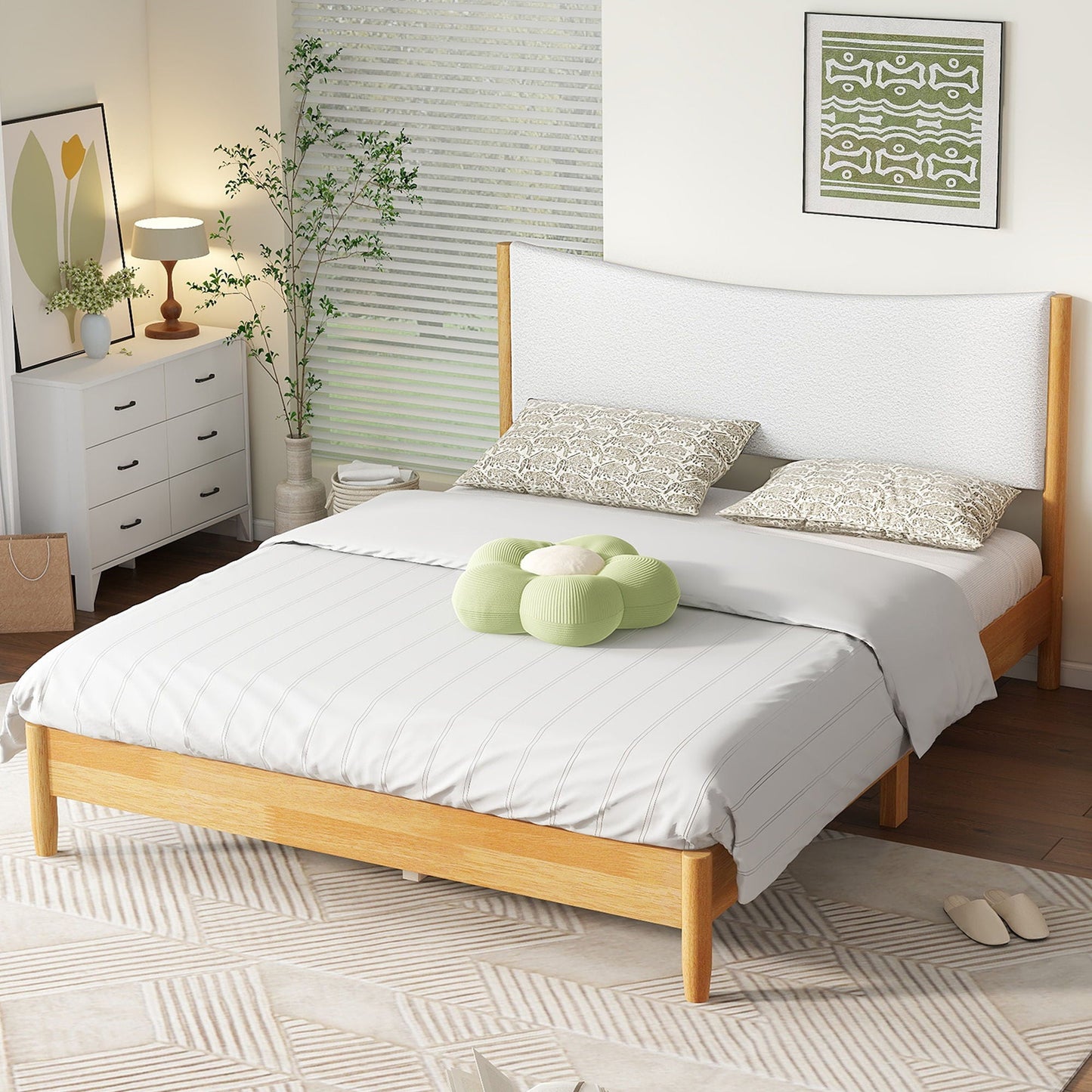 Queen Size Rubber Wooden, Solid Wooden Bed With Teddy Velvet Cushion Upholstered Headboard, Enhanced By Support Feet - Natural Home Essentials