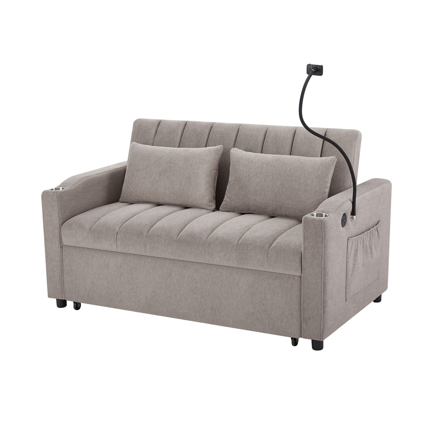 Convertible Sofa Bed Loveseat Sofa With Three USB Ports, Two Side Pockets, Two Cup Holders And 360° swivel Phone Holder For Living Room Hearth and Haven