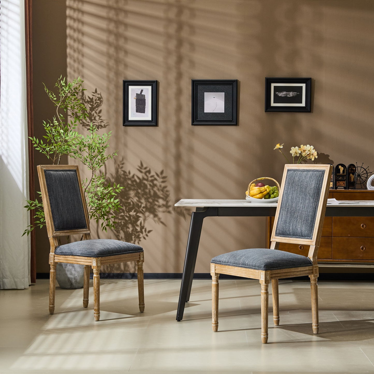 French Country Style Dining Chair With Upholstered Seating And Fluted Legs Noble House