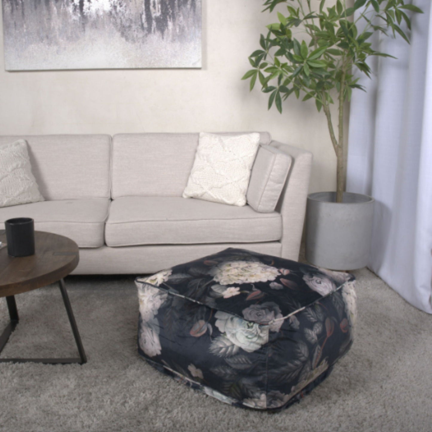 Hazel - Large Square Pouf With Flower Print Home Essentials
