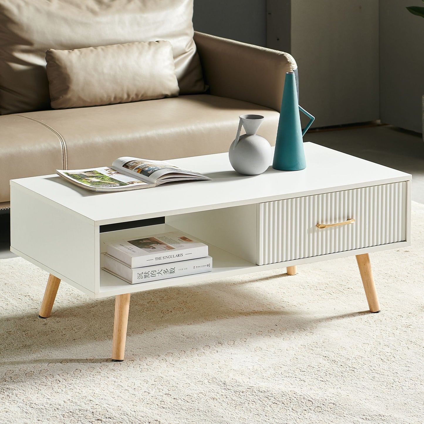 Modern Rectangle Coffee Table With Legs, Sliding Drawer For Storage - White Home Essentials