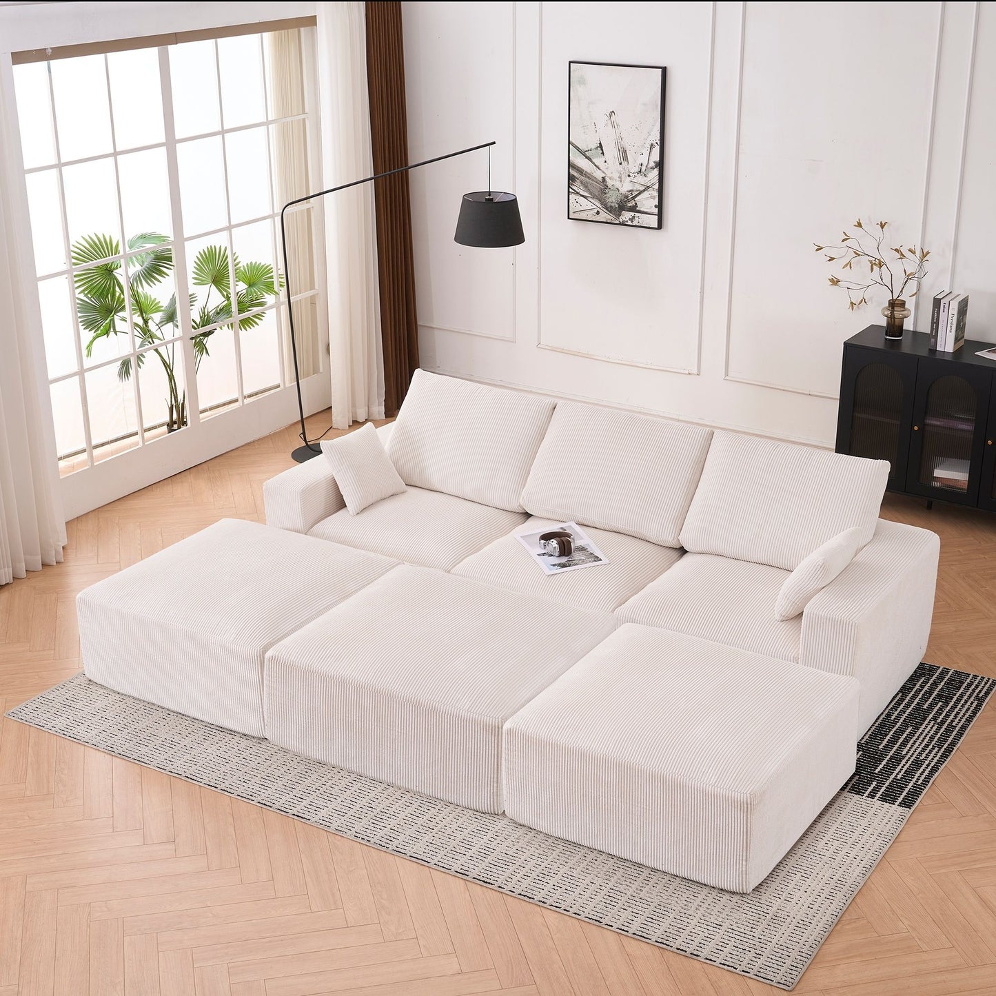 Modular Sectional Sofa With Ottoman, USB And Type C Charger, Petal Armrest Design - Snoozhouse