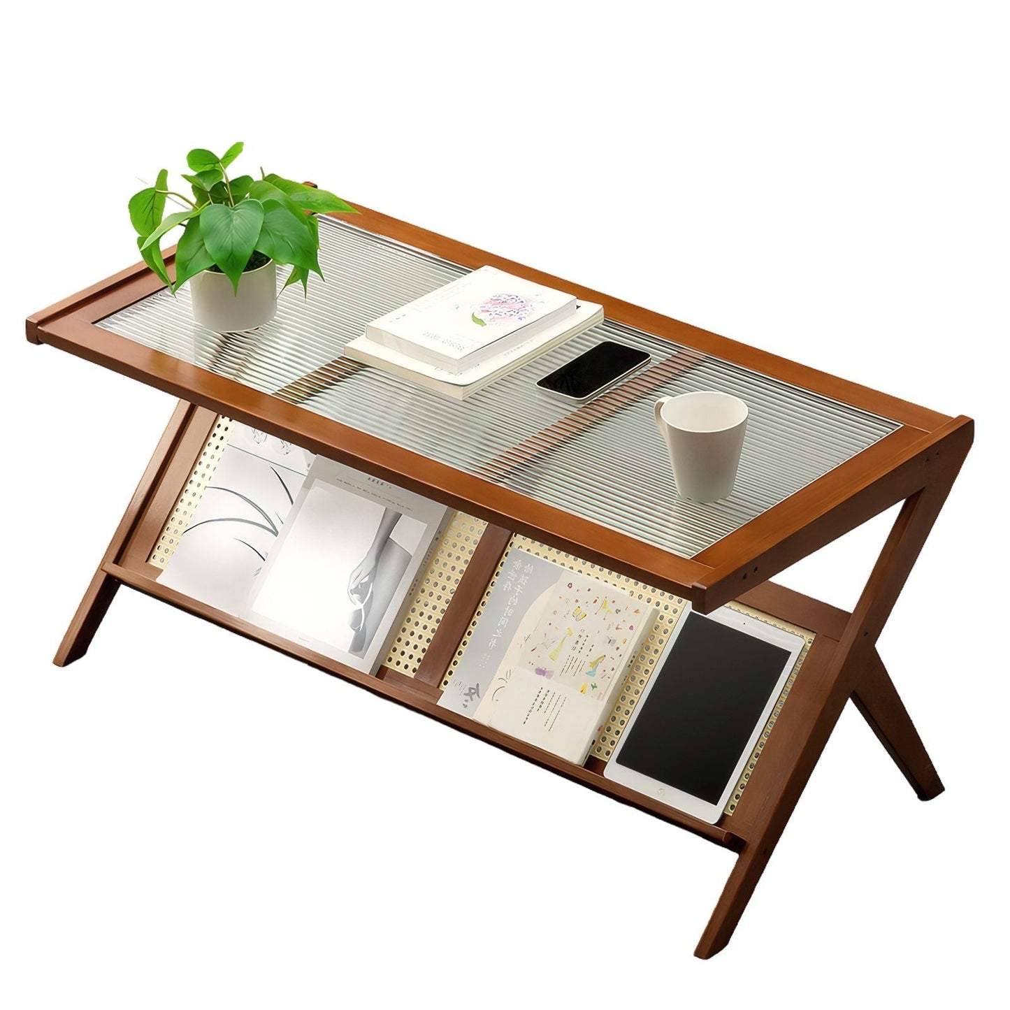 Rattan Coffee Tables For Living Room, Mid Century Modern Coffee Table With Glass Top, Large Boho Center Table With Storage - Brown Home Essentials