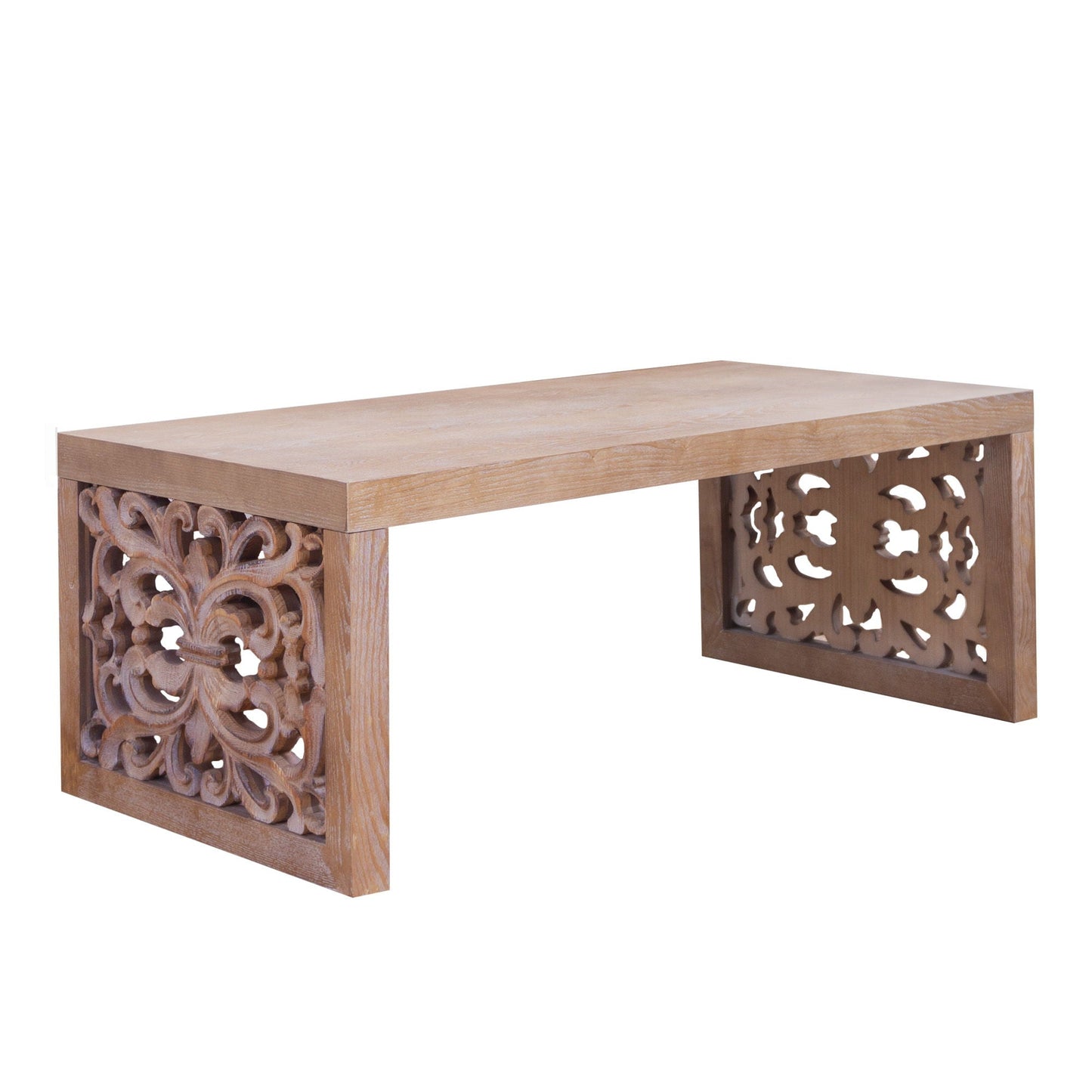 Rustic Carved Wood Coffee Table, Handcrafted Look With Ornate Side Panels Home Essentials