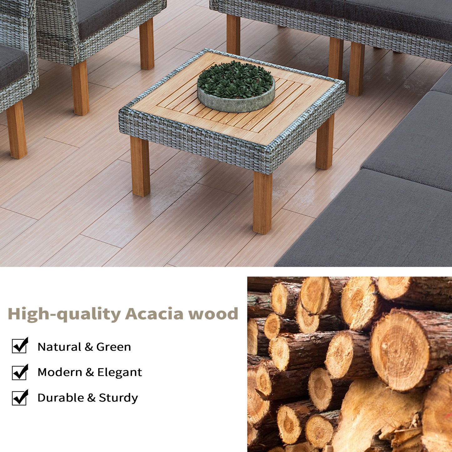 9 Piece Patio Rattan Furniture Set, Outdoor Conversation Set With Acacia Wood Legs And Tabletop, PE Rattan Sectional Sofa Set With Coffee Table, Washable Cushion Hearth and Haven
