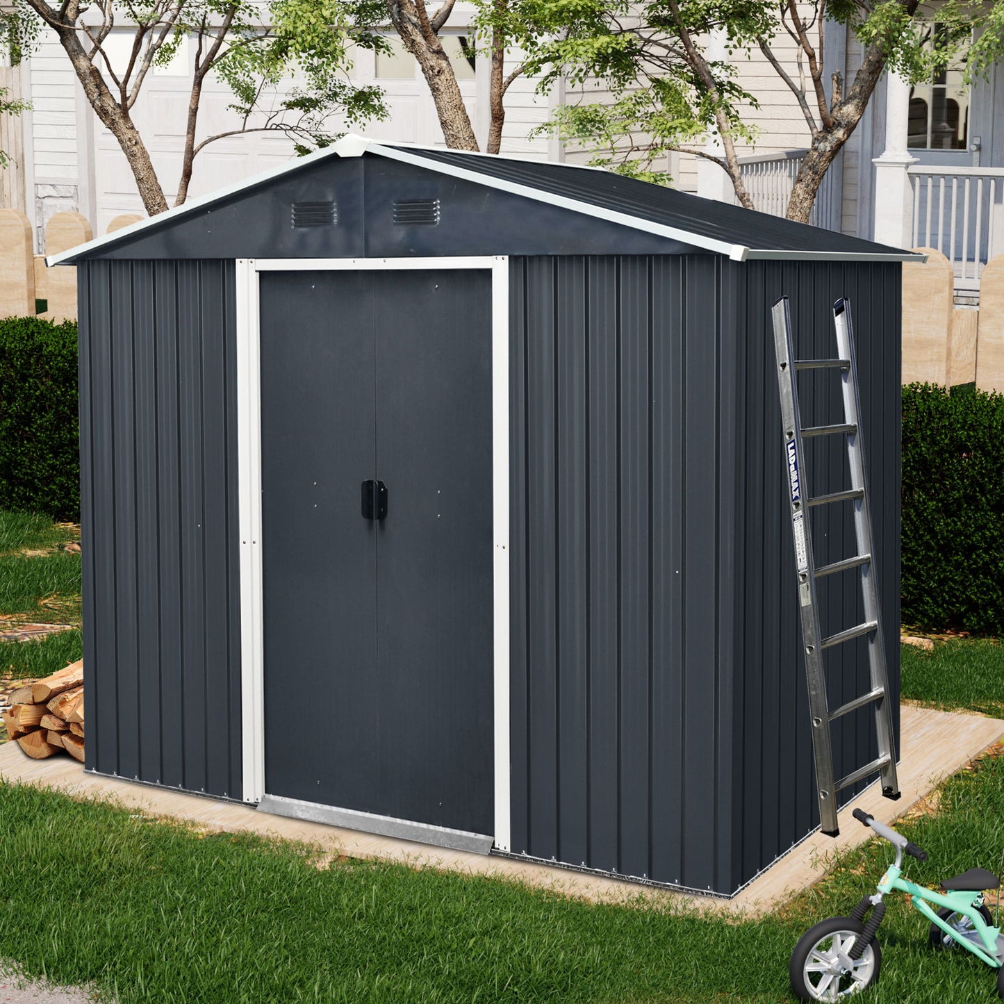 Outdoor Metal Storage Shed With Sliding Door And Foundation For Backyard, Patio, Lawn Daily Nest