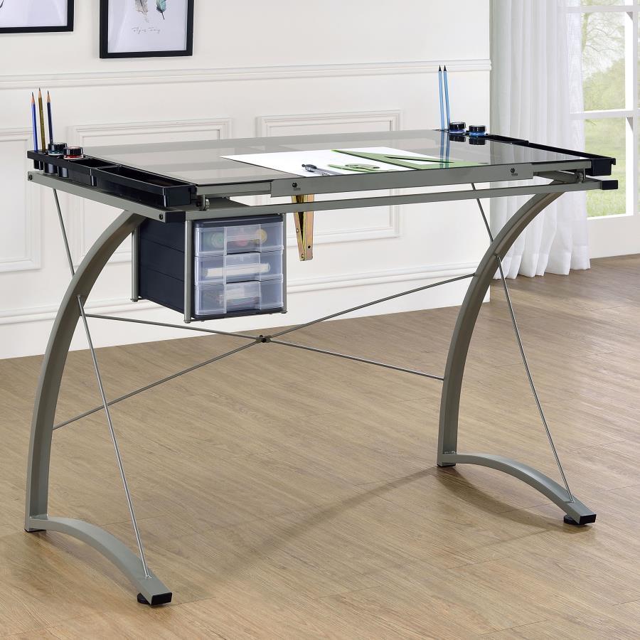 Melo - Glass Top Drafting Table With Storage - Silver CoasterEveryday