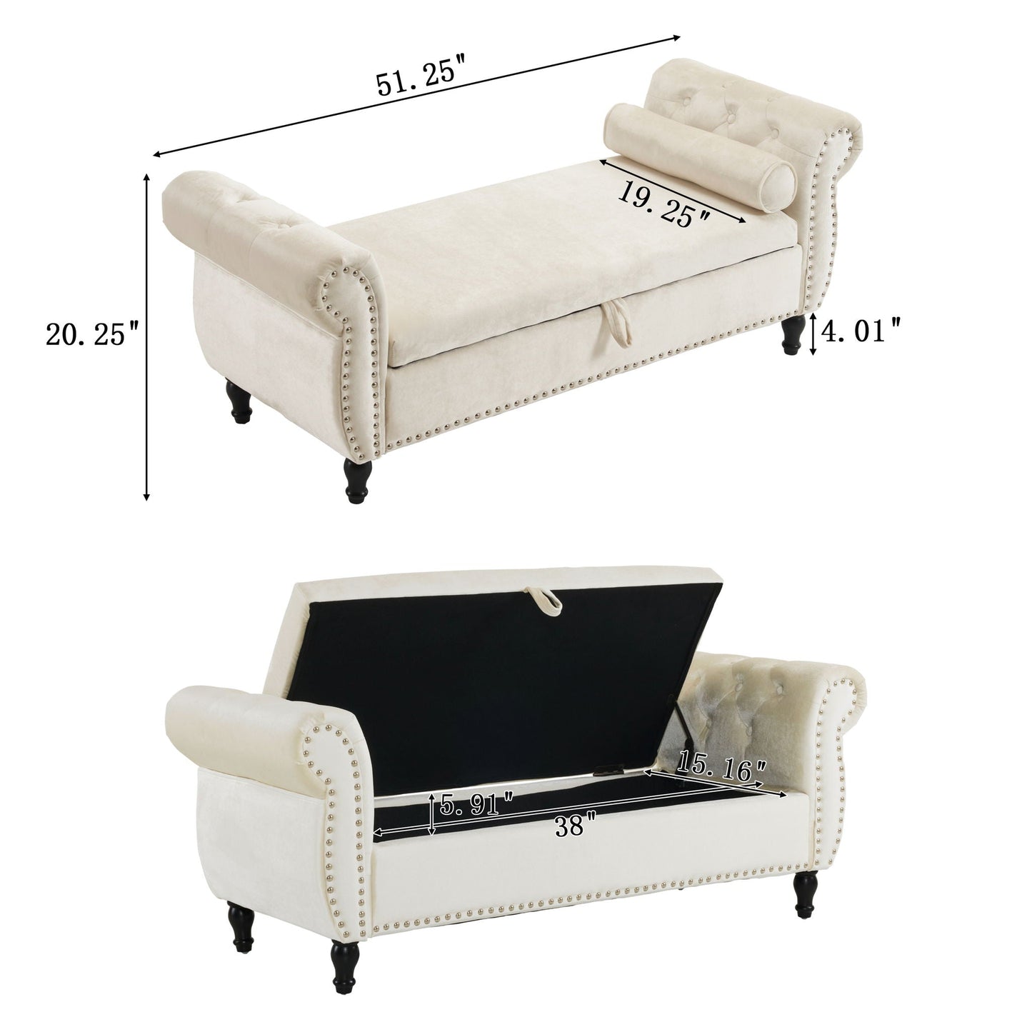 Luxurious Velvet Multifunctional Storage Ottoman Bench With Pillow Noble House