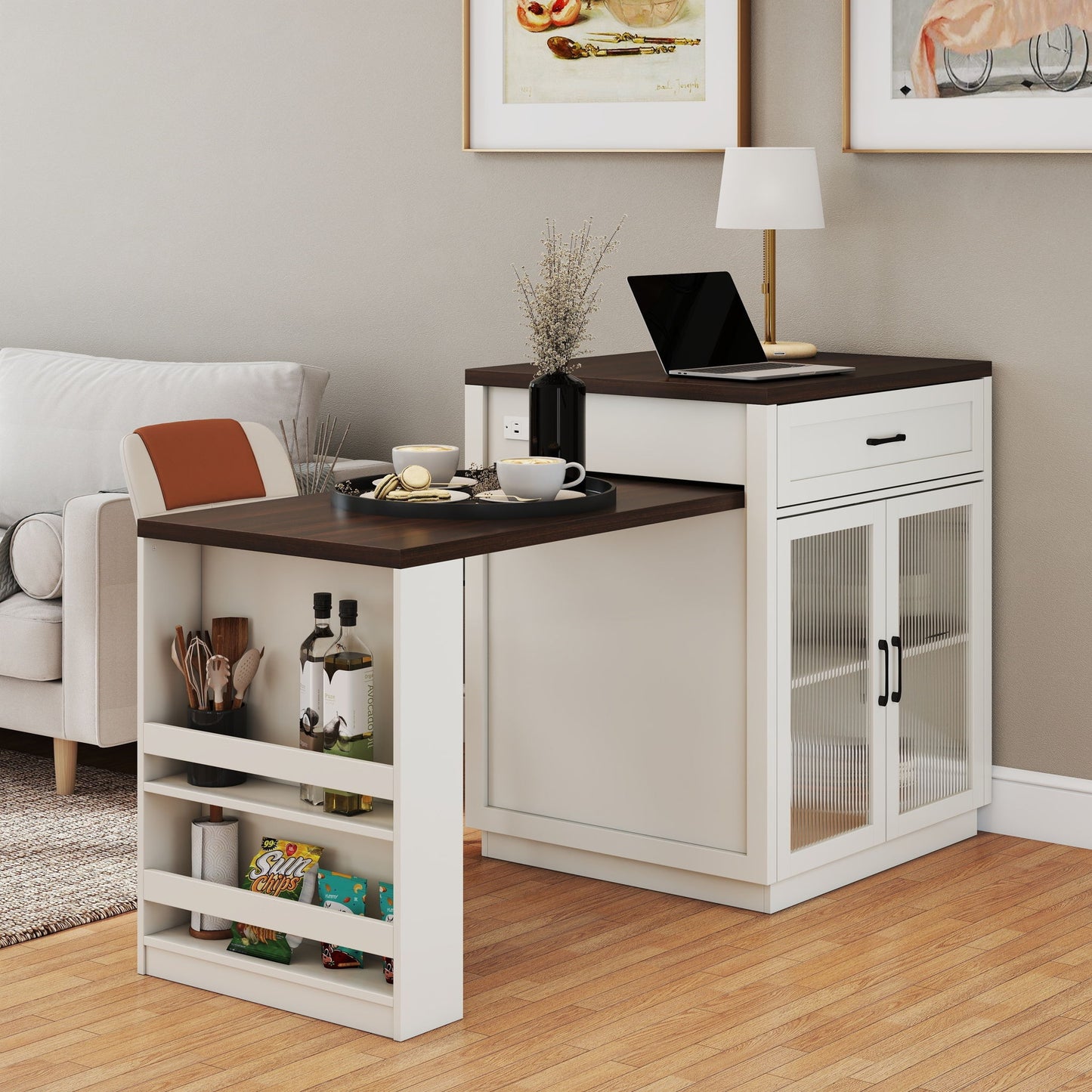 Extendable Kitchen Island With Slide Out Table And Storage Racks For 2 - 6 Person, Power Outlet, Bar, Prep Station - Creamy White / Walnut Home Essentials