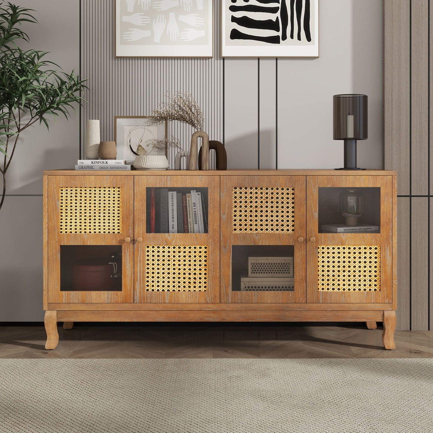 Retro Industrial 4 Door Sideboard With Large Storage, Rattan And Glass Doors Home Essentials
