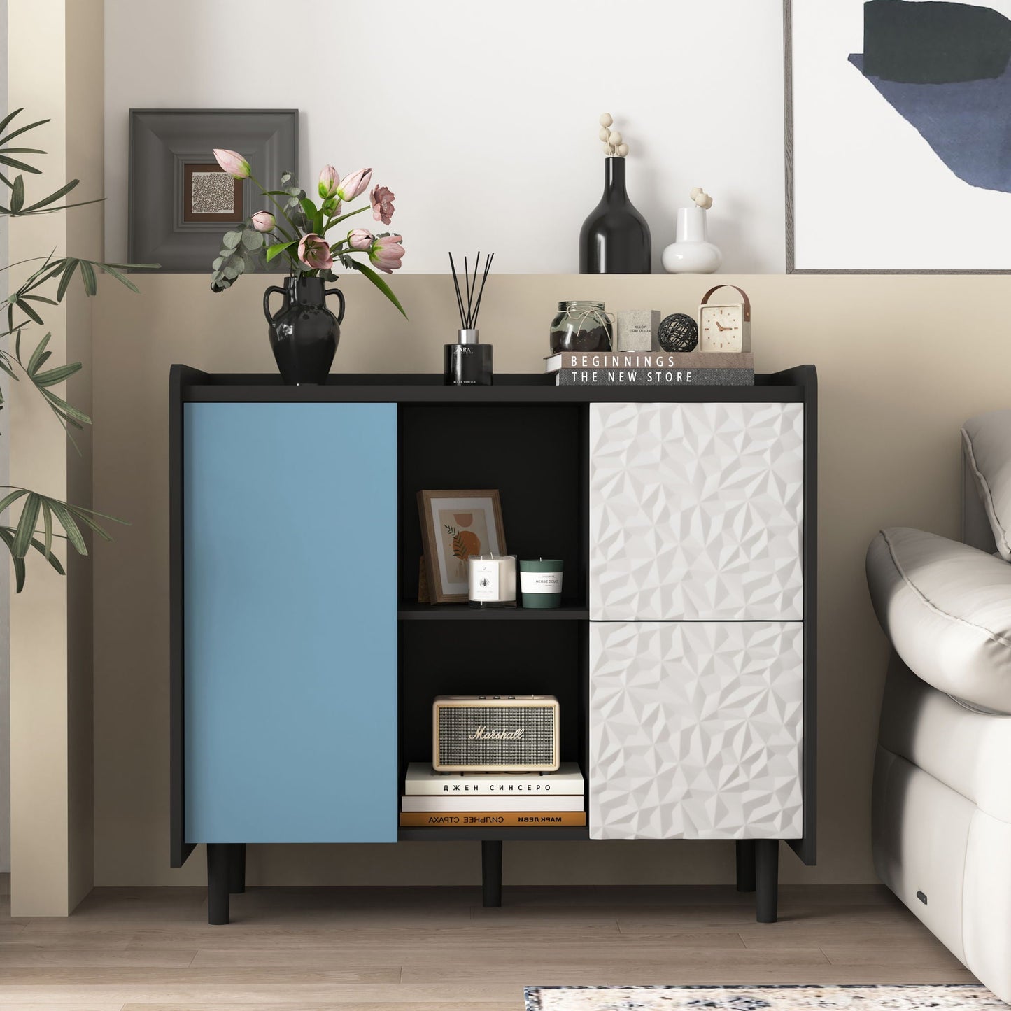 Modern Sideboard Buffet Cabinet With Red Doors And Unique Panel Styling Home Essentials