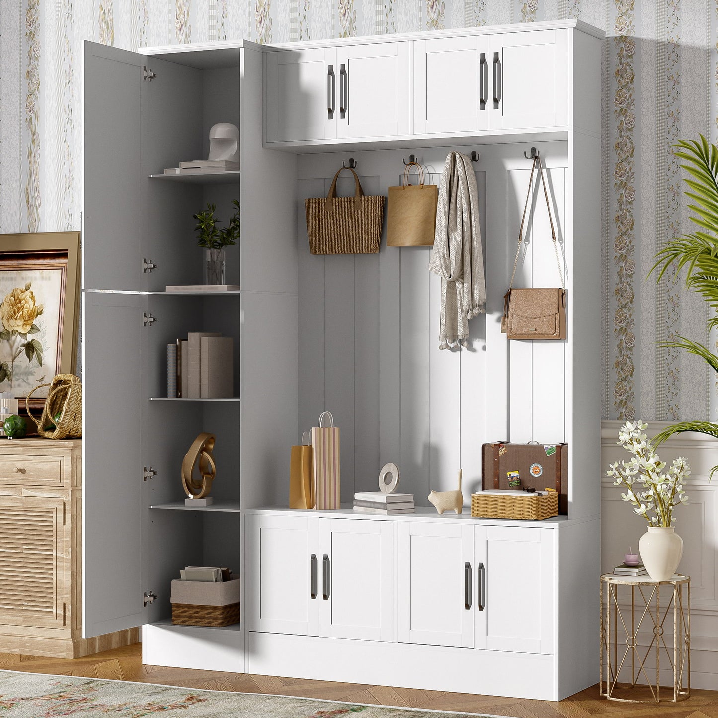Tall Hall Tree With Shoe Storage, 4 In 1 Entryway Bench With 6 Cabinets, 4 Coat Hooks & Adjustable Shelf For Hallway - White Hearth and Haven