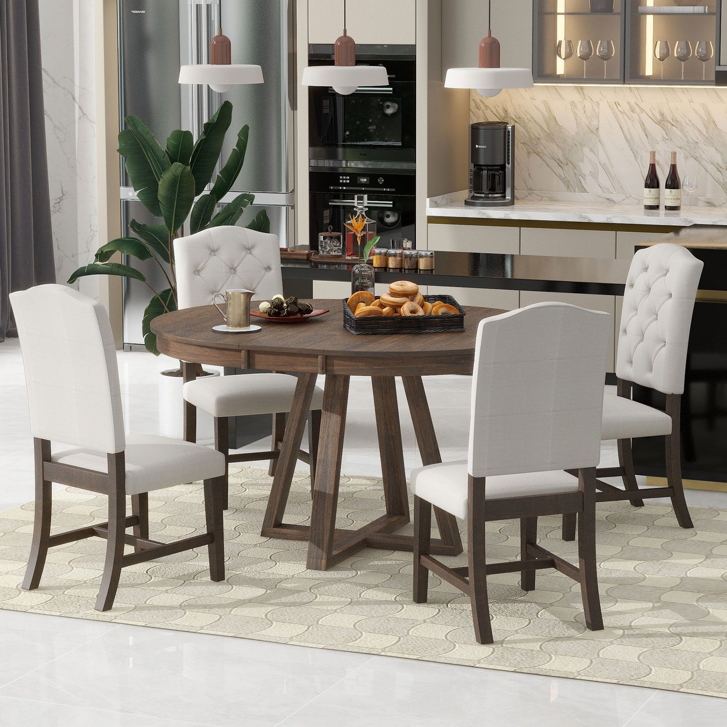 Retro Functional Dining Set, Round Table With Leaf And Upholstered Chairs For Dining Room And Living Room Hearth and Haven
