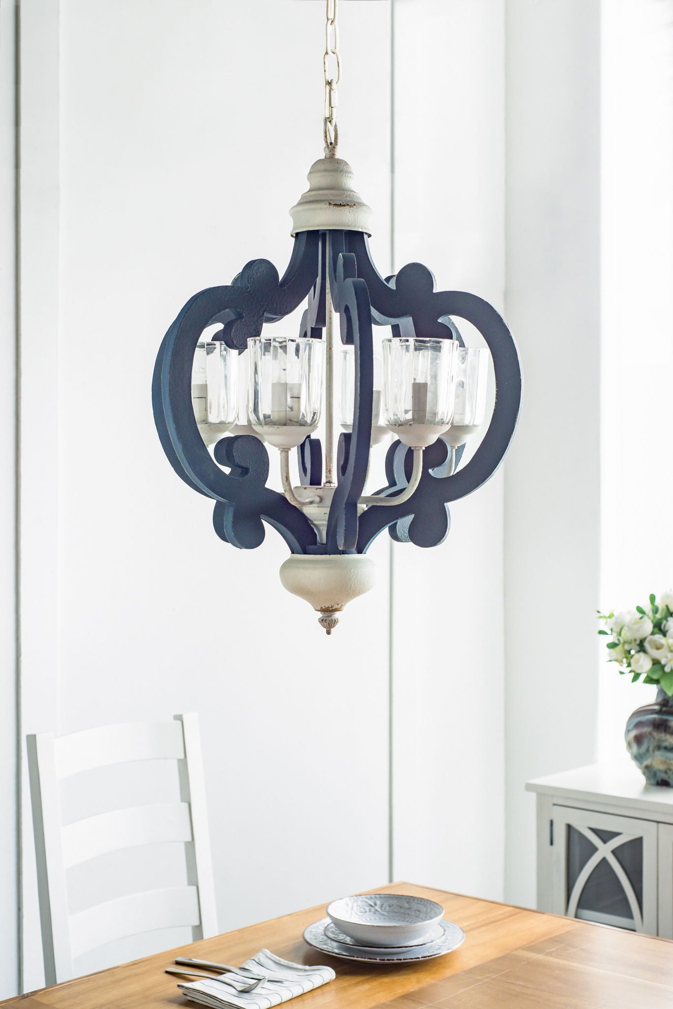 Wood Chandelier 6 Light Farmhouse Pendant Lighting Wood Hanging Light Fixture For Kitchen Living Dining Room, Bulb Not Included - Cream Daily Nest