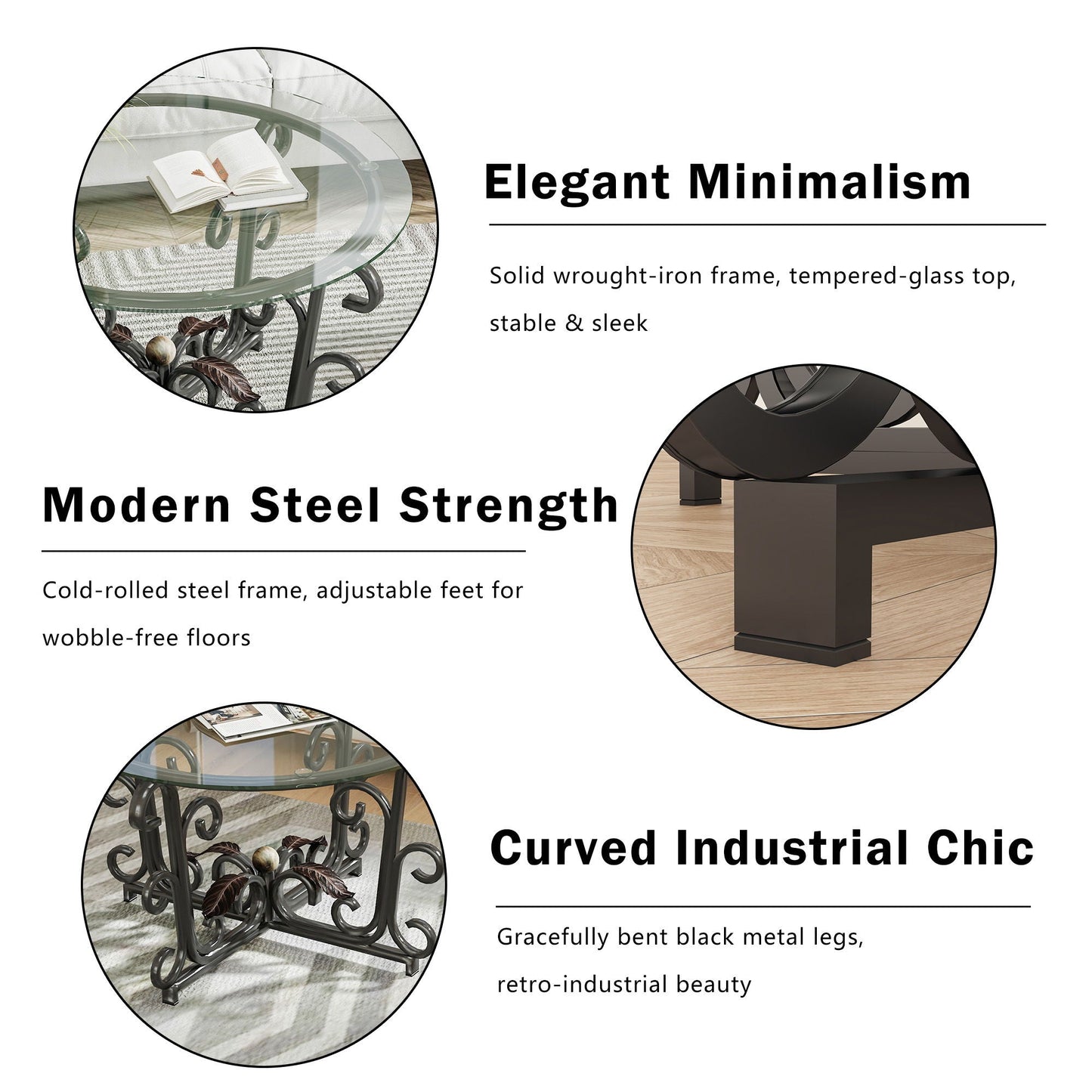 3 Piece Coffee Table Set With Tempered Glass Surface - Black Home Essentials