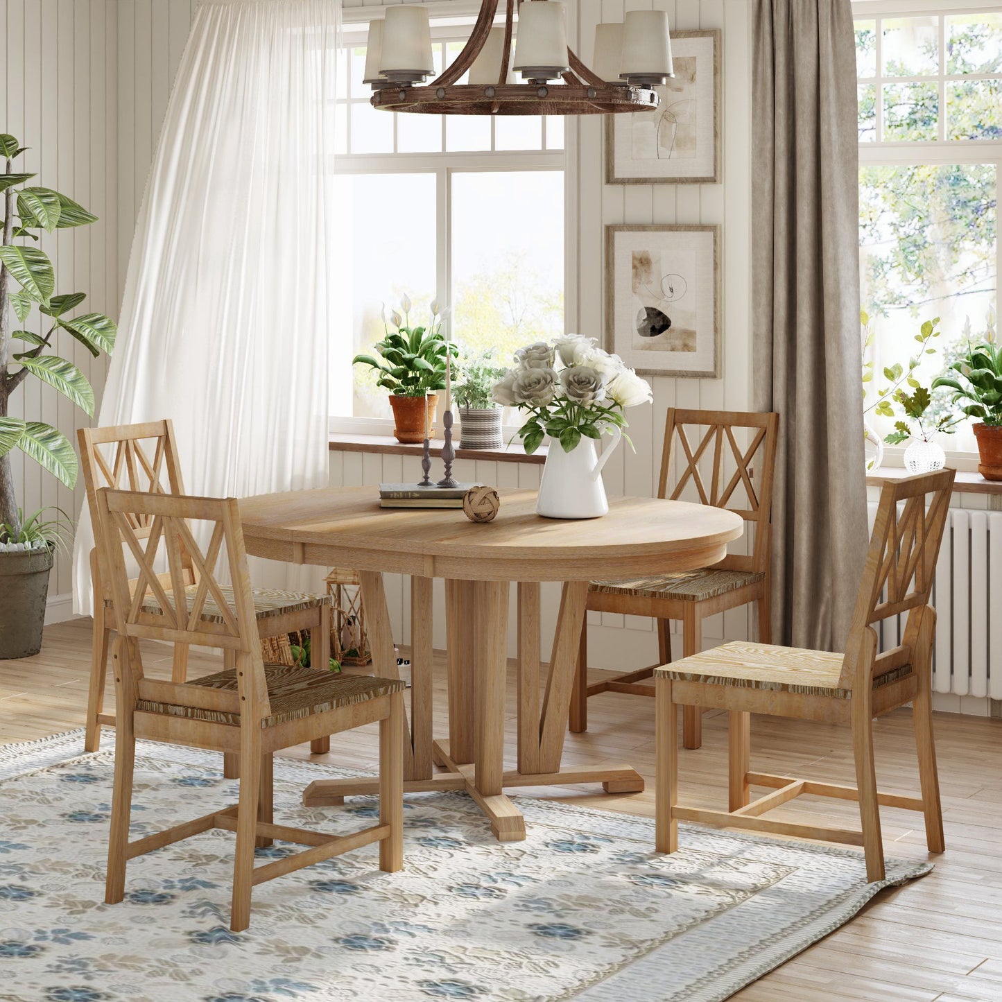 Topmax - 5 Piece Rustic Extendable Dining Table Set Round Trestle Table And 4 Cross Back Dining Chairs For Kitchen, Dining Room Hearth and Haven