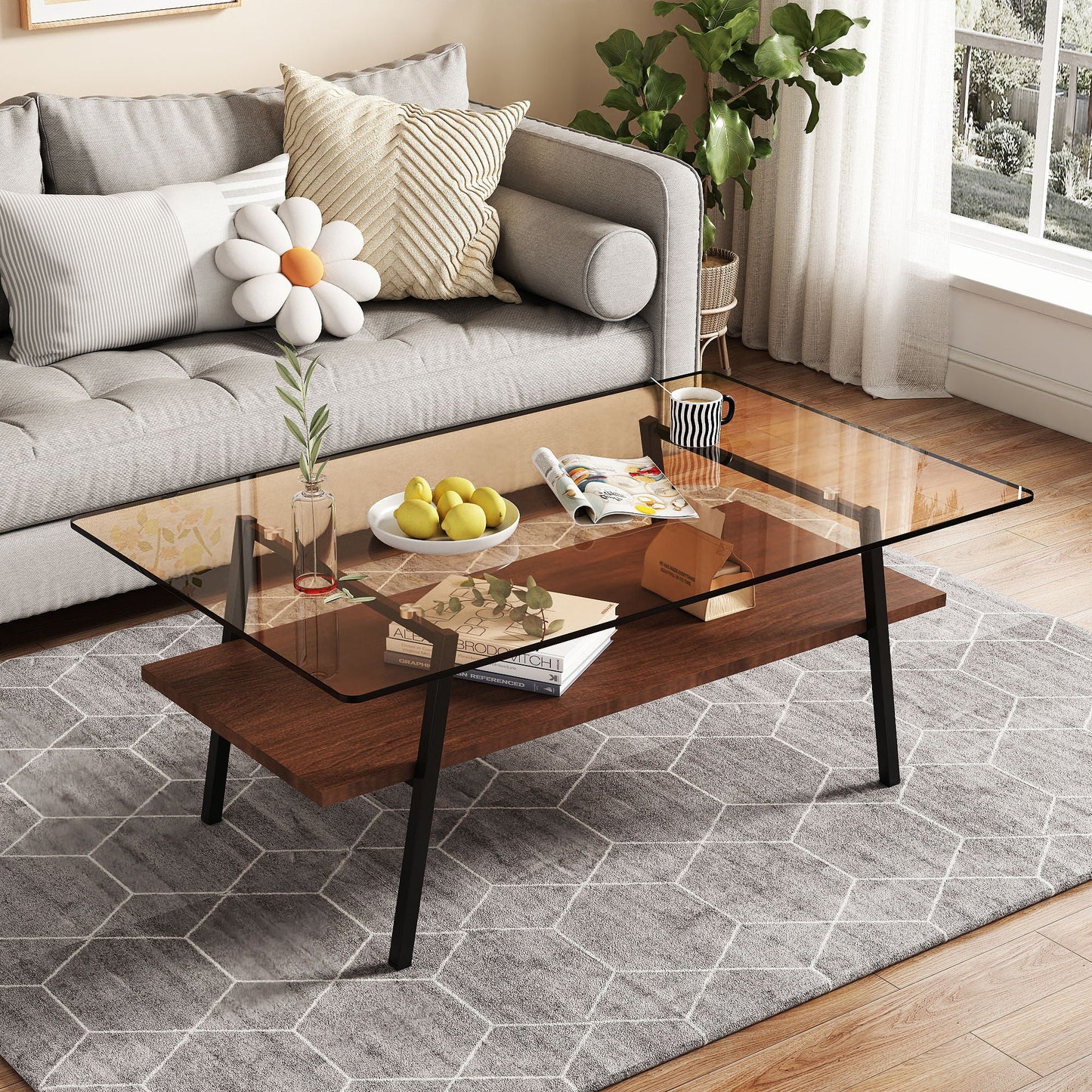 Rectangle Coffee Table, Tempered Glass Tabletop Modern Table For Living Room Home Essentials