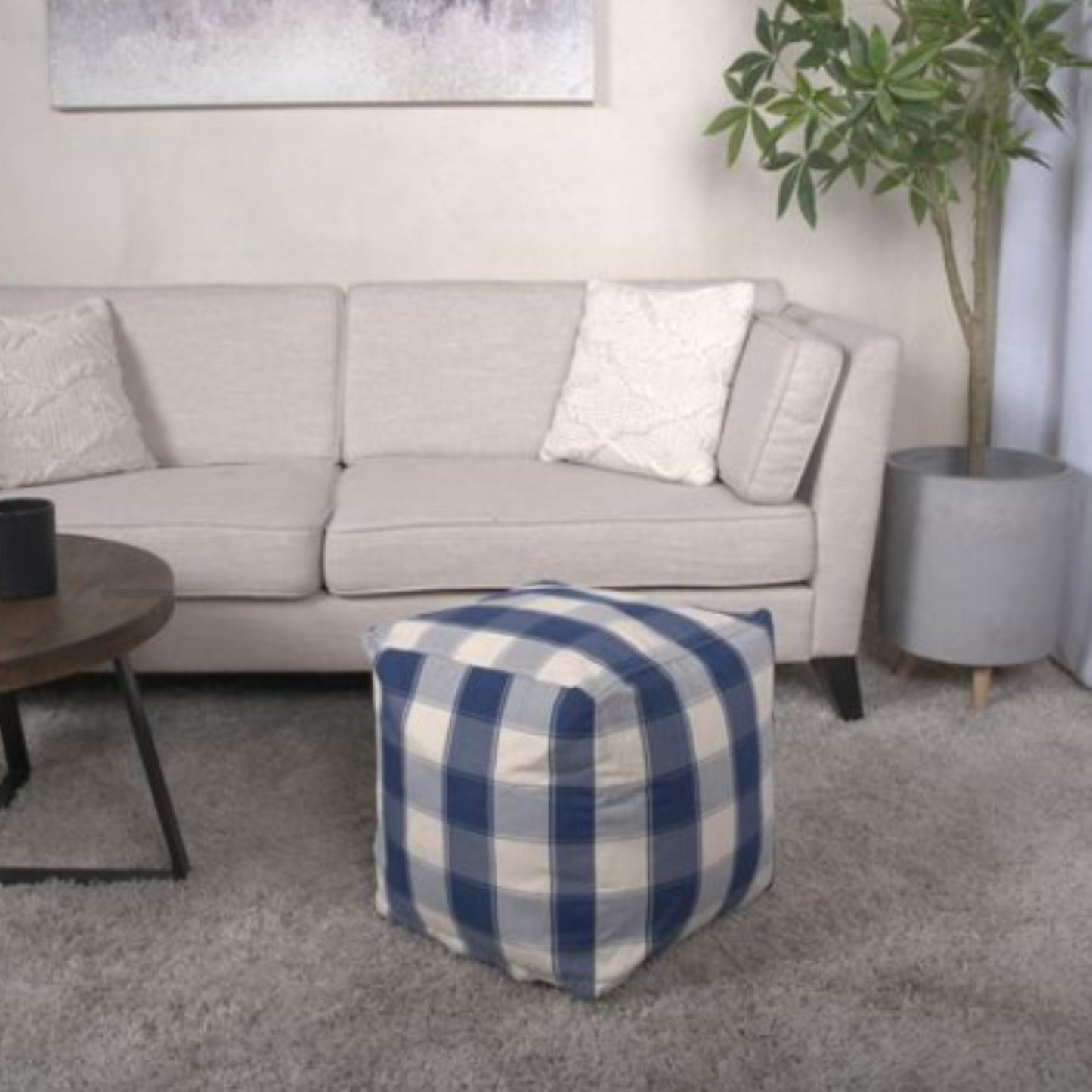 Connor - Checkered Square Pouf Ottoman And Floor Cushion - Ivory / Navy Home Essentials